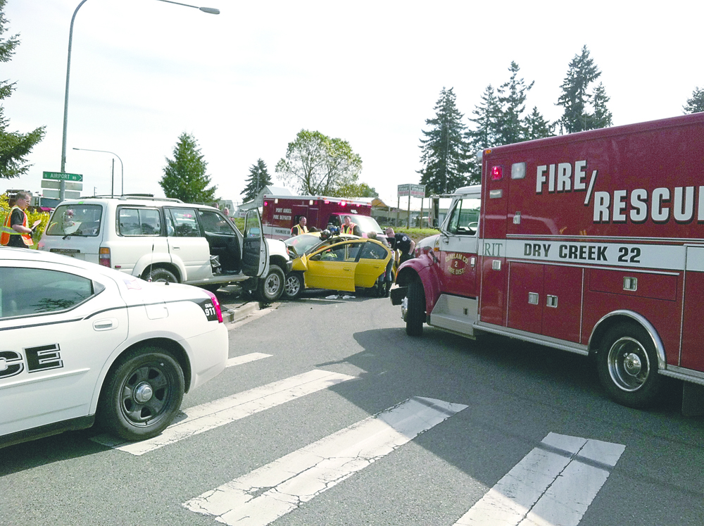 Clallam County Fire District No. 2 and the Port Angeles Fire Department responded this morning to a two-car collision at the intersection of Airport Road and Edgewood Drive in Port Angeles. Clallam County Fire District No. 2