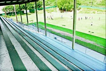 The bench-like bleachers at Memorial Field.  —Peninsula Daily News photo