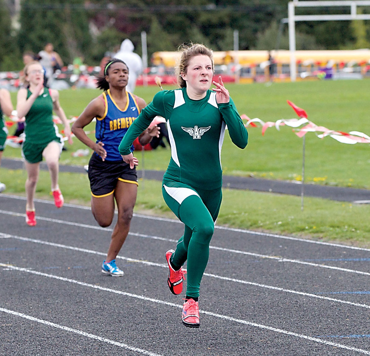 Port Angeles' Jolene Millsap wins the 100-meter dash at Blue Heron Middle School in Port Townsend last month. Millsap will run the 100 and 200 at state. Steve Mullensky/for Peninsula Daily News