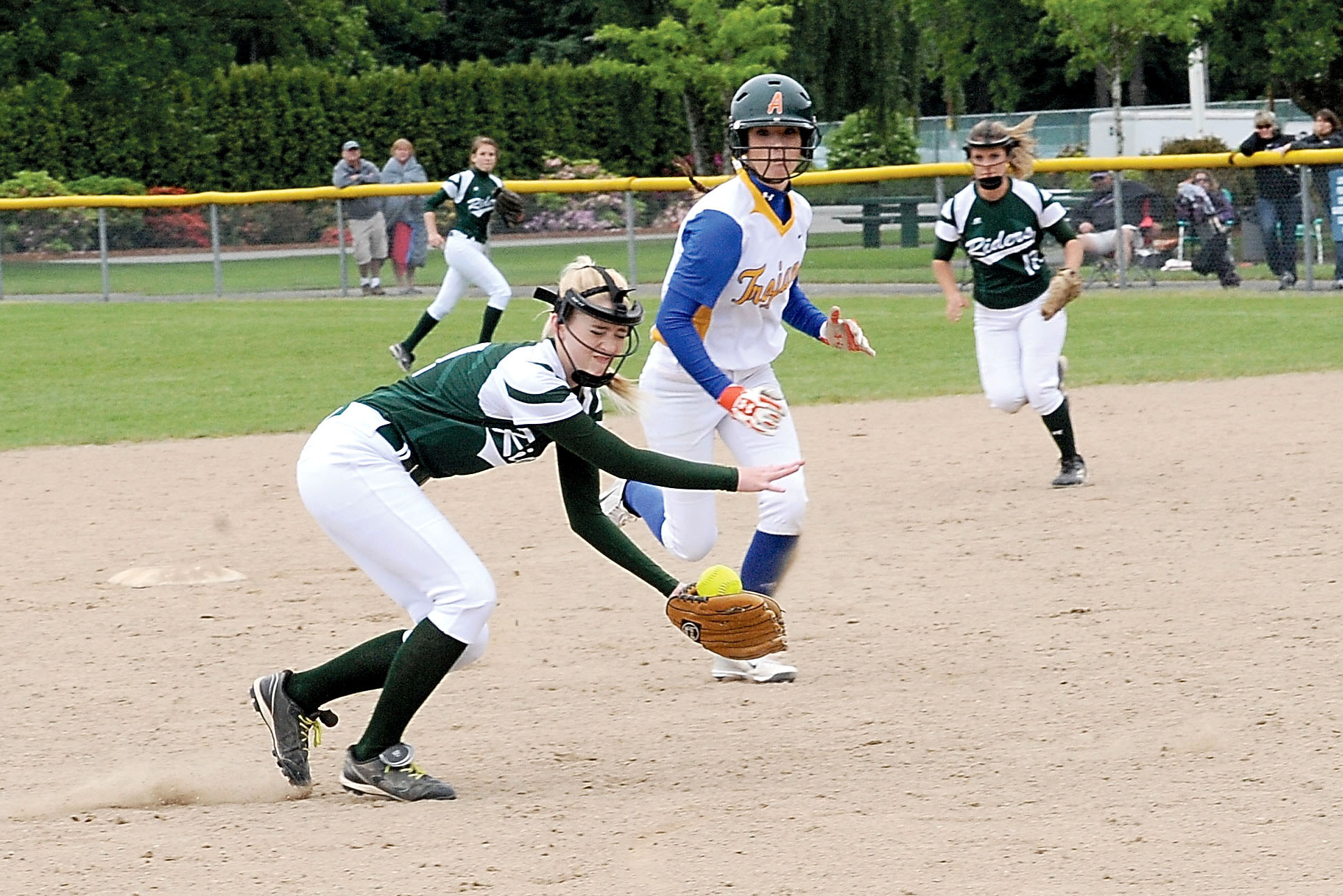 Port Angeles shortstop Cara Cristion fields a grounder against Fife during the district playoffs at Sprinker Field in Spanaway last week. The Riders open the state tournament in Selah today against Lake Washington. Lonnie Archibald/for Peninsula Daily News