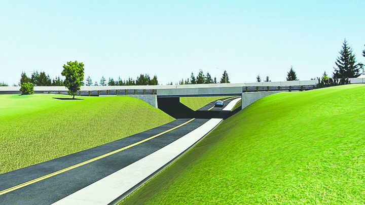 An artist's rendering shows a proposed county road going underneath U.S. Highway 101 near Deer Park Cinema and C'est Si Bon restaurant east of Port Angeles. Clallam County and David Evans and Associates Inc.