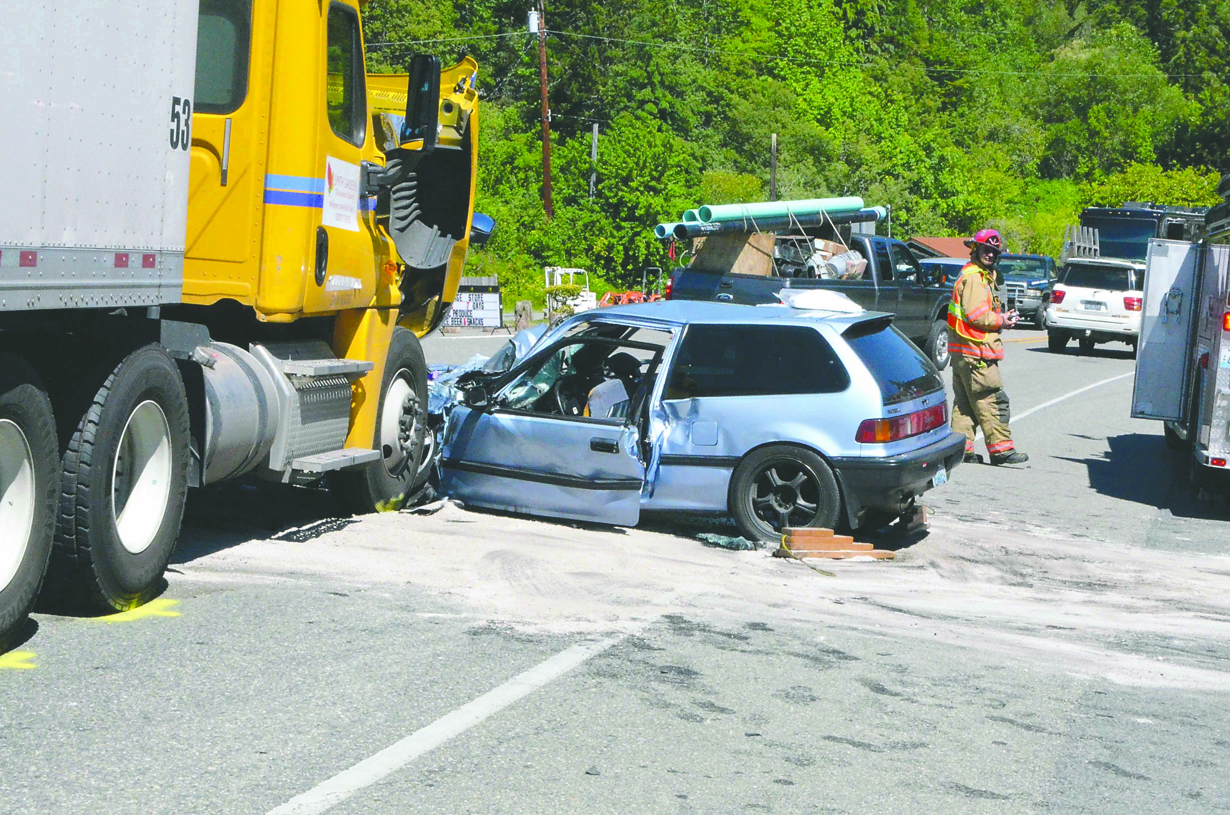 This wreck on U.S. Highway 101 near Discovery Bay on Tuesday morning left a Sequim man in critical condition. Charlie Bermant/Peninsula Daily News