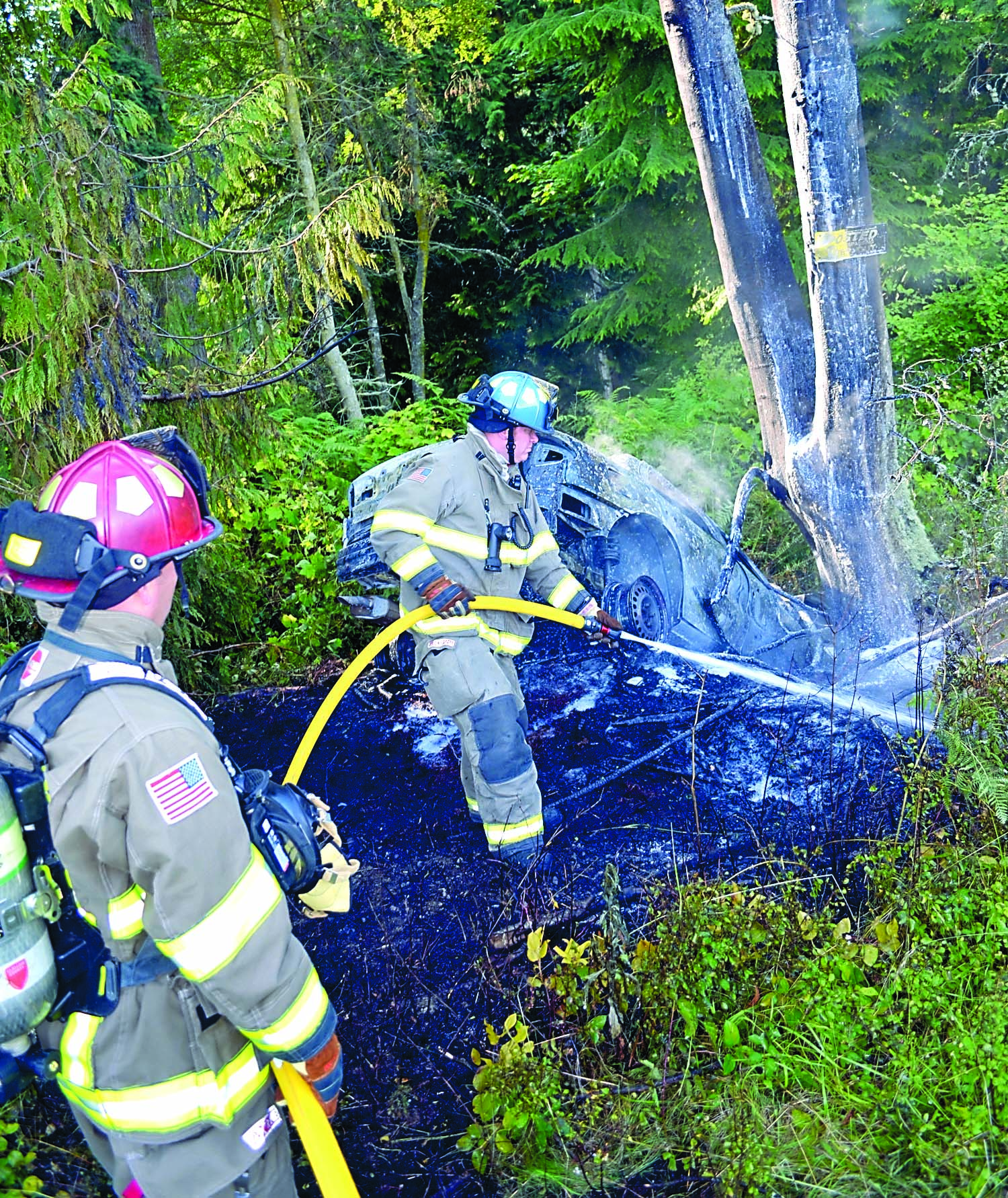 Firefighters with Clallam County Fire District No. 3 douse the remains of a fire next to wreckage of a car that plowed into a tree off Lotzgesell Road in the Dungeness area.  -- Photo courtesy of Fire District No. 3