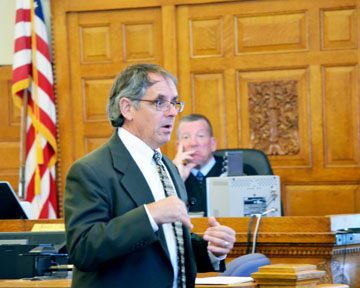 Defense attorney Richard Davies delivers his opening argument earlier in the week as Superior Court Judge Keith Harper