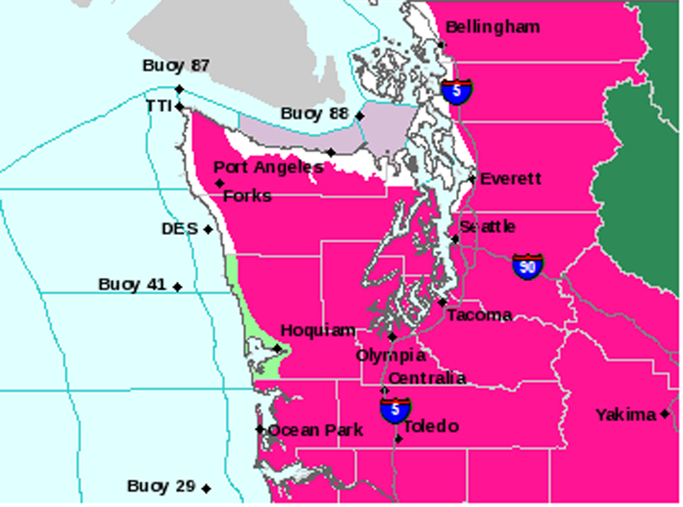 Area in red shows covers areas of Western Washington under which a red-flag warning for extreme fire danger — mainly because of the possibility of lightning — exists until 5 p.m. today. National Weather Service