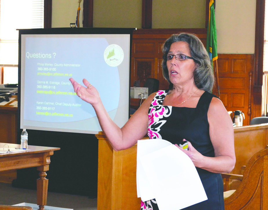 Jefferson County Elections Coordinator Karen Cartmel answers questions Monday night. Charlie Bermant/Peninsula Daily News