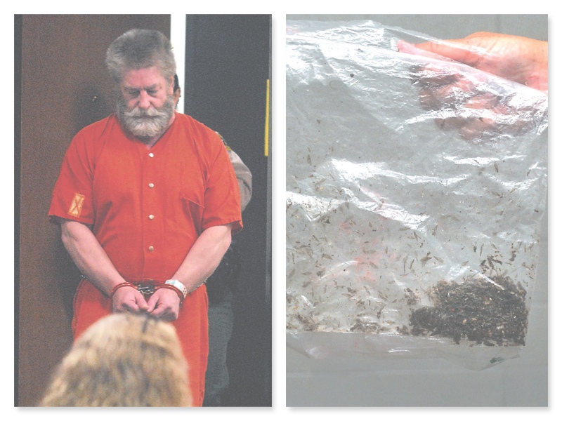 Barry Swegle at a court hearing in July. A Clallam County corrections deputy holds the bag brought into the courtroom Wednesday. Peninsula Daily News