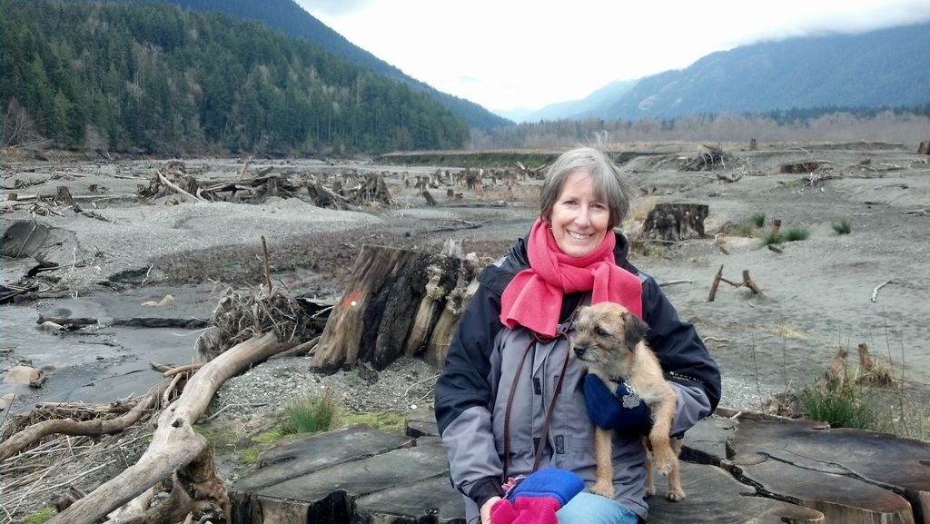 Barbara Wise and her border terrier Josie sit on a huge cedar stump