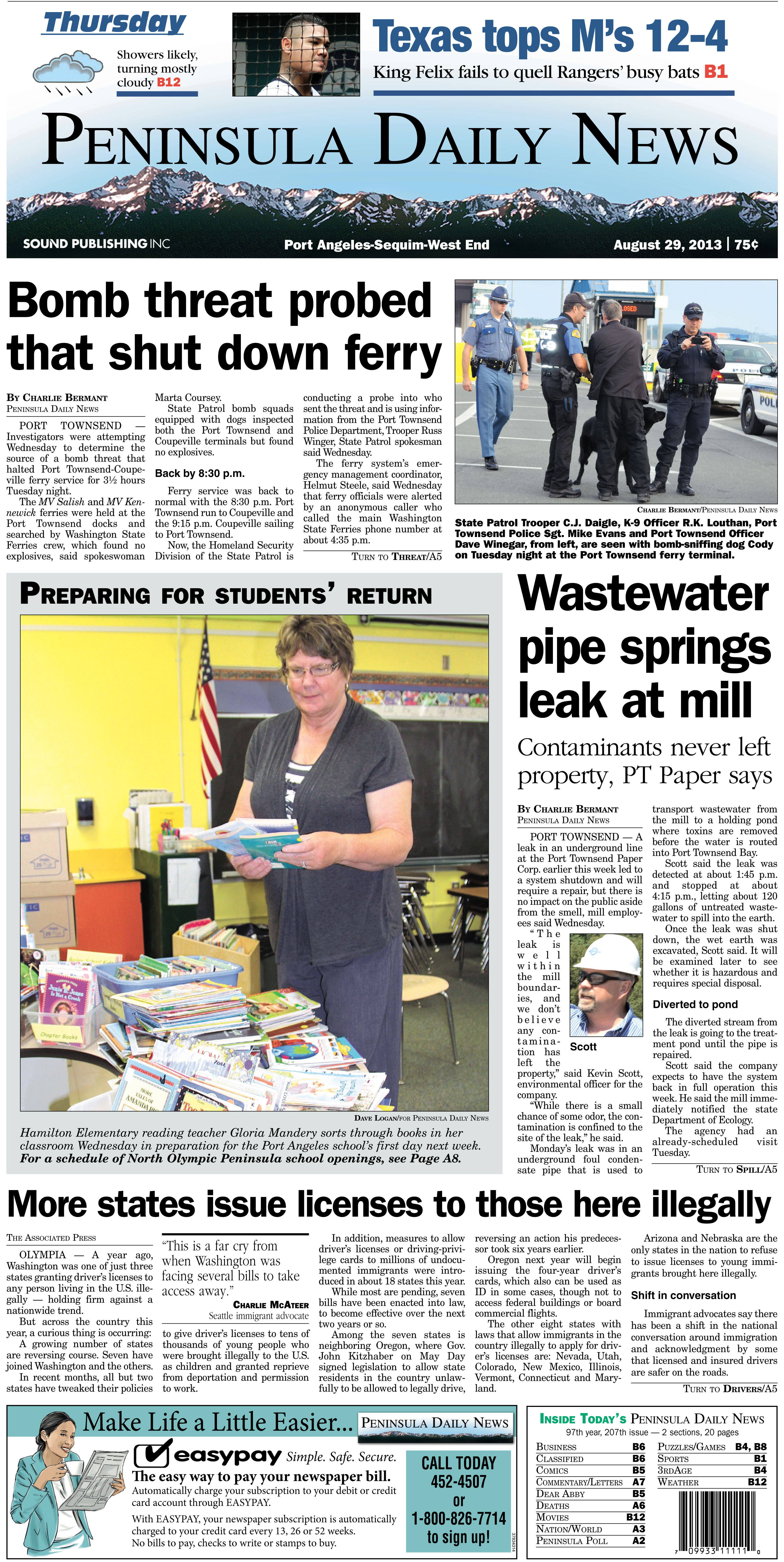 PDN's Thursday's front page for Clallam County readers. (Click on image to enlarge)