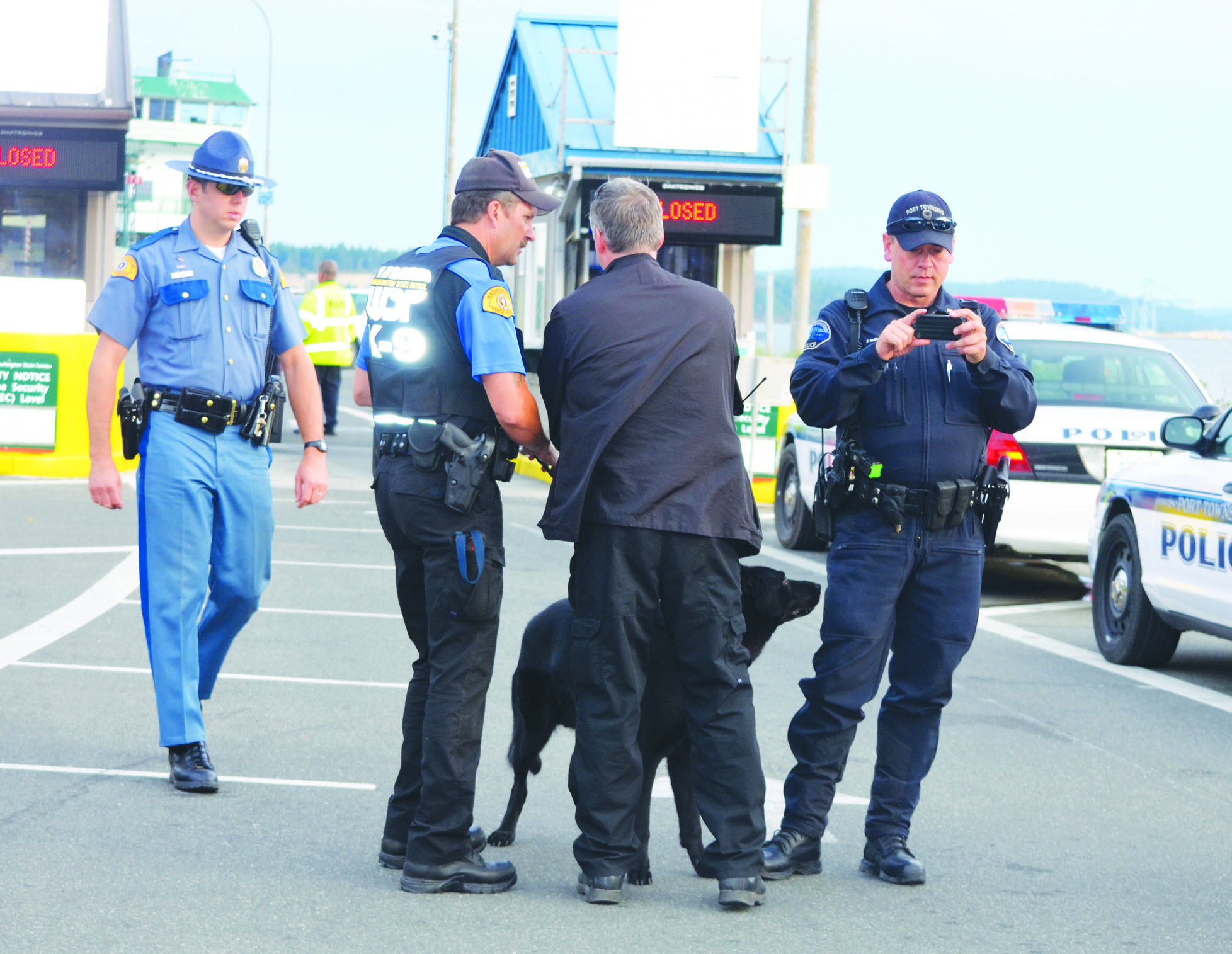 Those responding to Tuesday night's bomb scare at the Port Townsend Ferry Terminal include Washington State Patrol Trooper C.J. Daigle