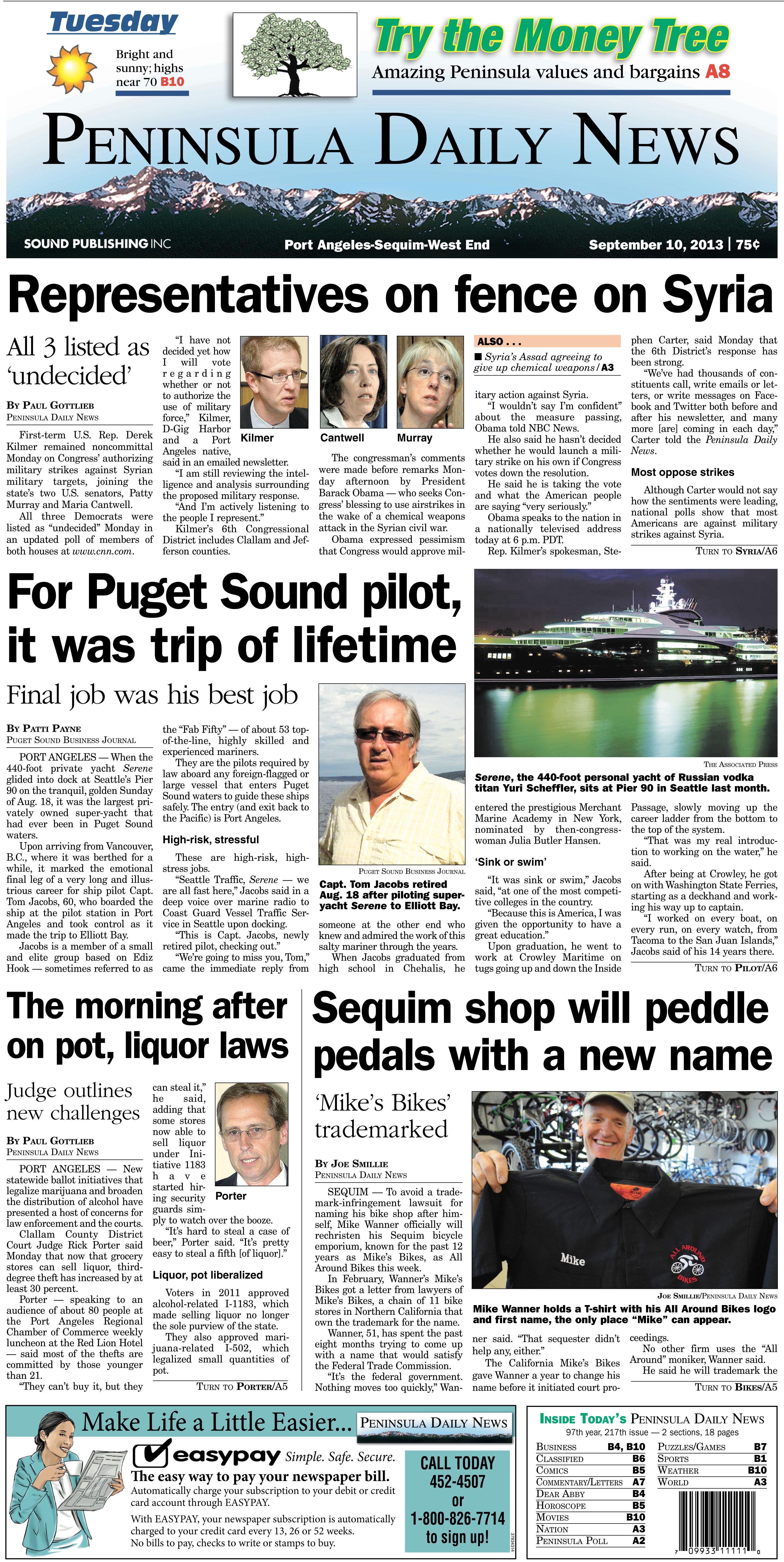 Tuesday's Page 1 from our Clallam County edition (Click on image to enlarge)