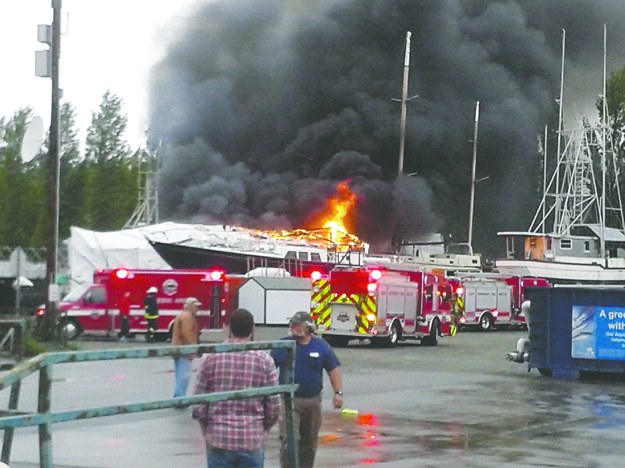 Fire damages the Treasure Hunter at Port Townsend Boat Haven this morning. East Jefferson Fire-Rescue