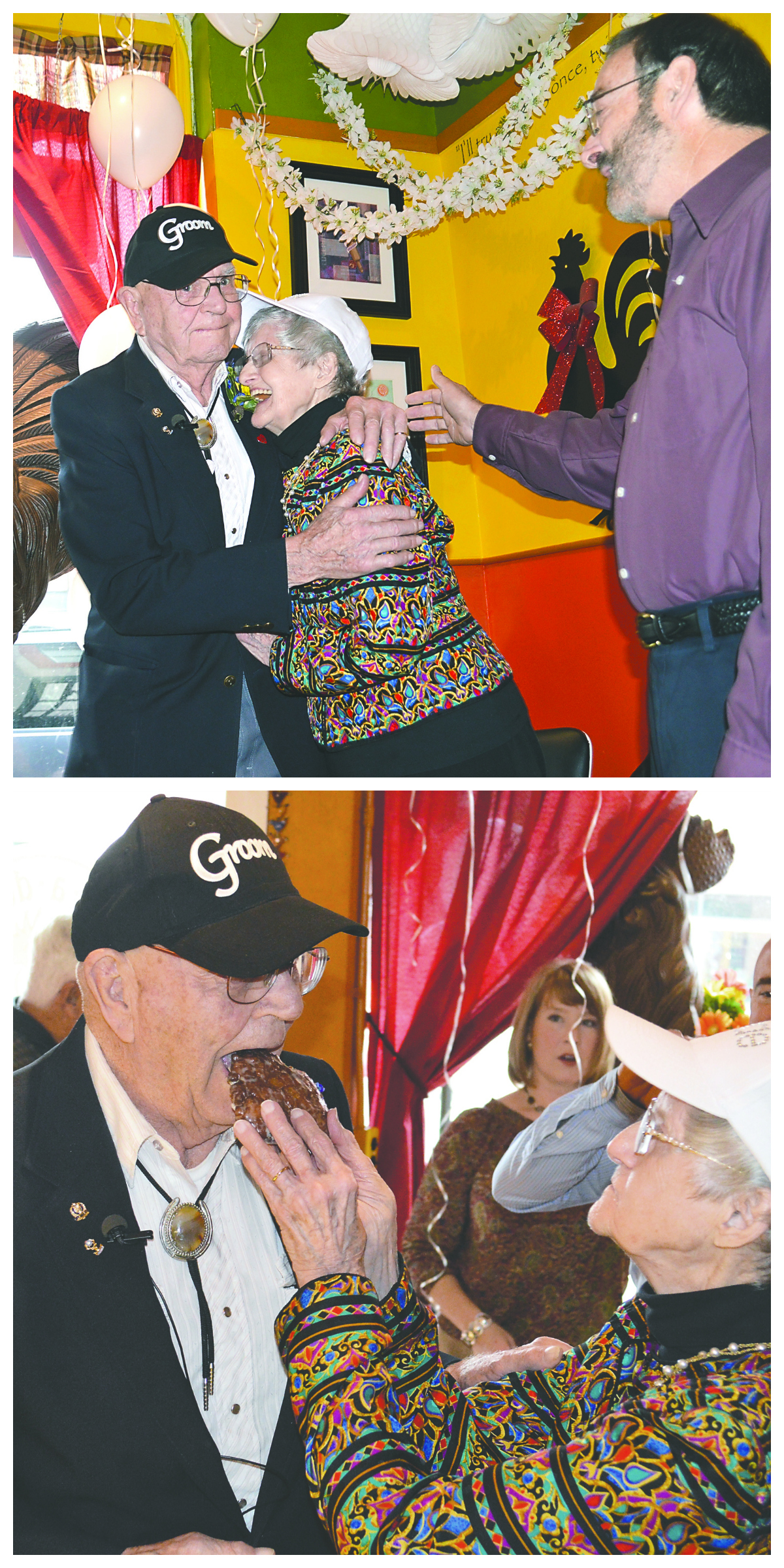 TOP: Newlyweds Andy Nilles and Gladys Salley of Sequim embrace at their wedding in Port Angeles' Cock-a-doodle Doughnuts shop as Pastor Mark Weatherford looks on. BOTTOM: The groom gets an apple fritter from his bride. Joe Smillie/Peninsula daily News