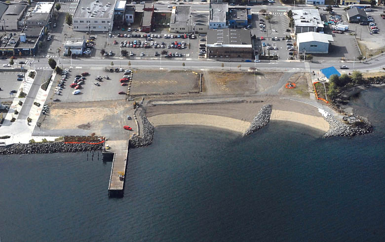 New beaches on the Port Angeles waterfront can be seen in this aerial photo taken last week. On a gentle slope to Port Angeles Harbor