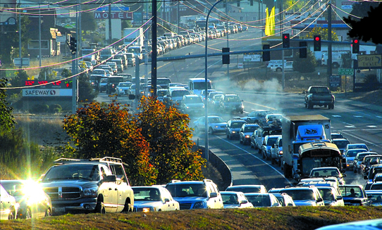 Westbound traffic grinds to a halt on U.S Highway 101 coming into Port Angeles on Thursday morning after the first two of four wrecks that happened within a mile of each other. Keith Thorpe/Peninsula Daily News