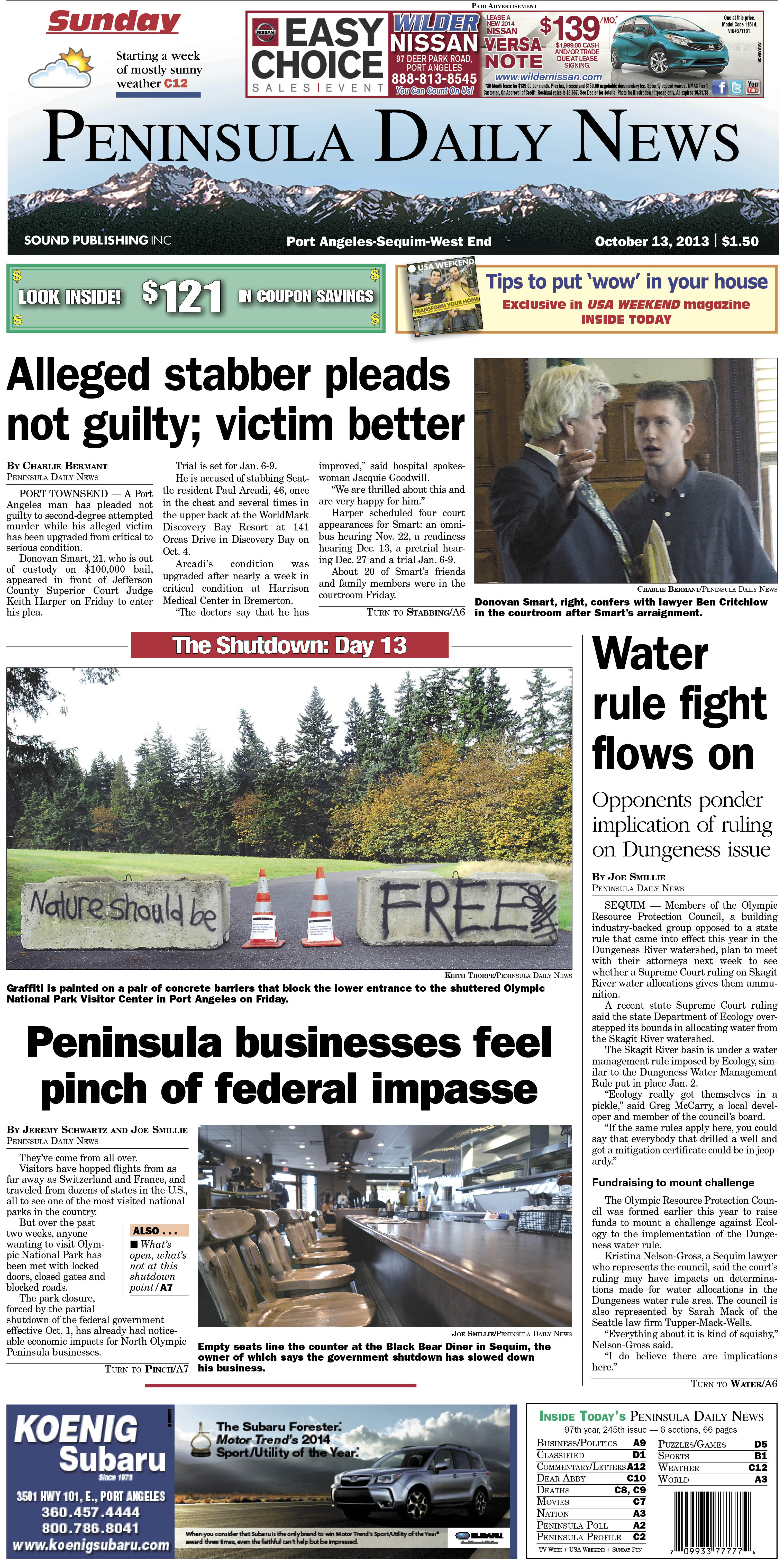 Today's Clallam County front page. The PDN also has an edition tailored just for its Jefferson County readers. (Click on image to enlarge)