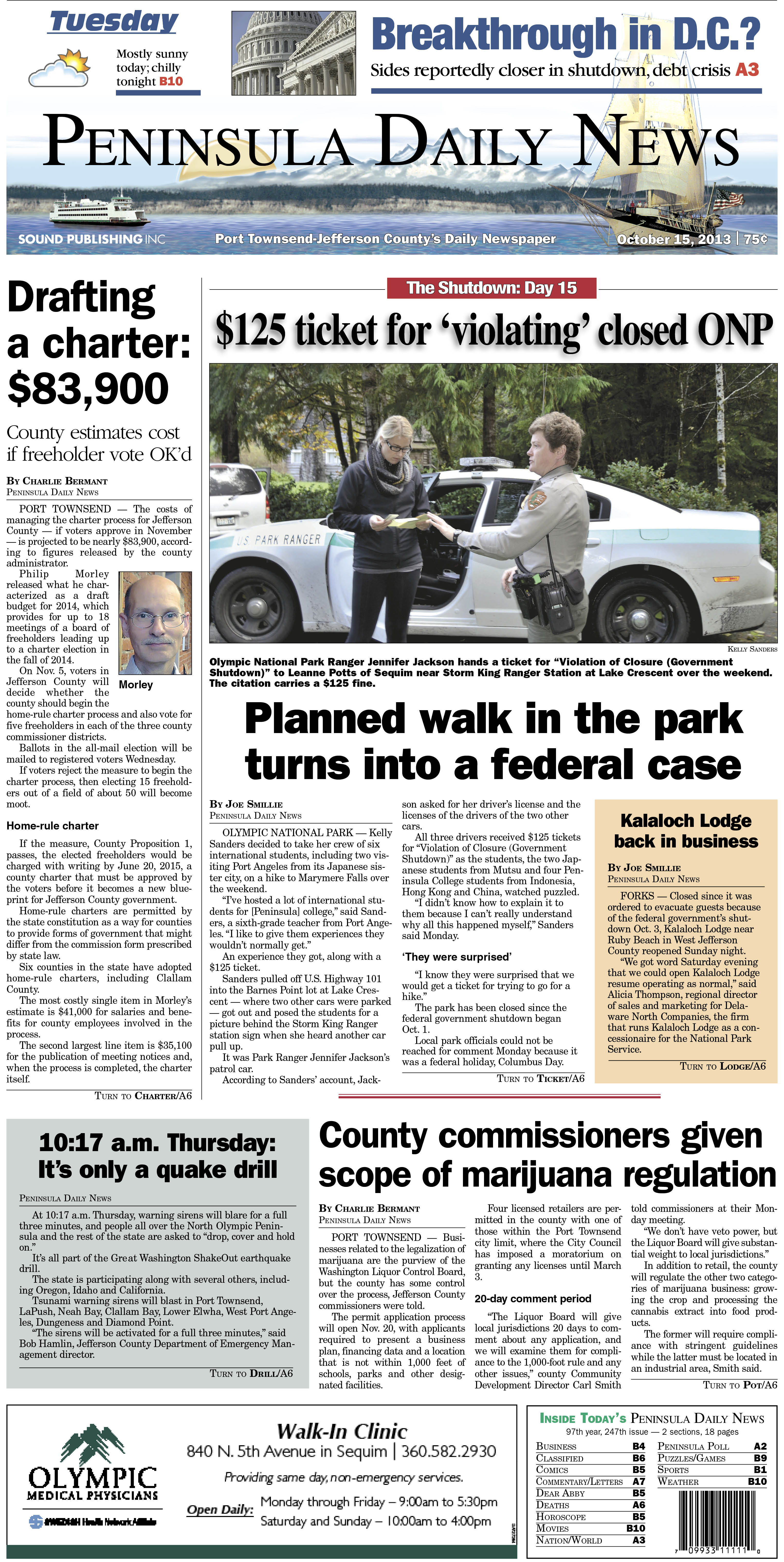 Today's Jefferson County front page. The PDN also has an edition tailored just for its Clallam County readers. (Click on image to enlarge)