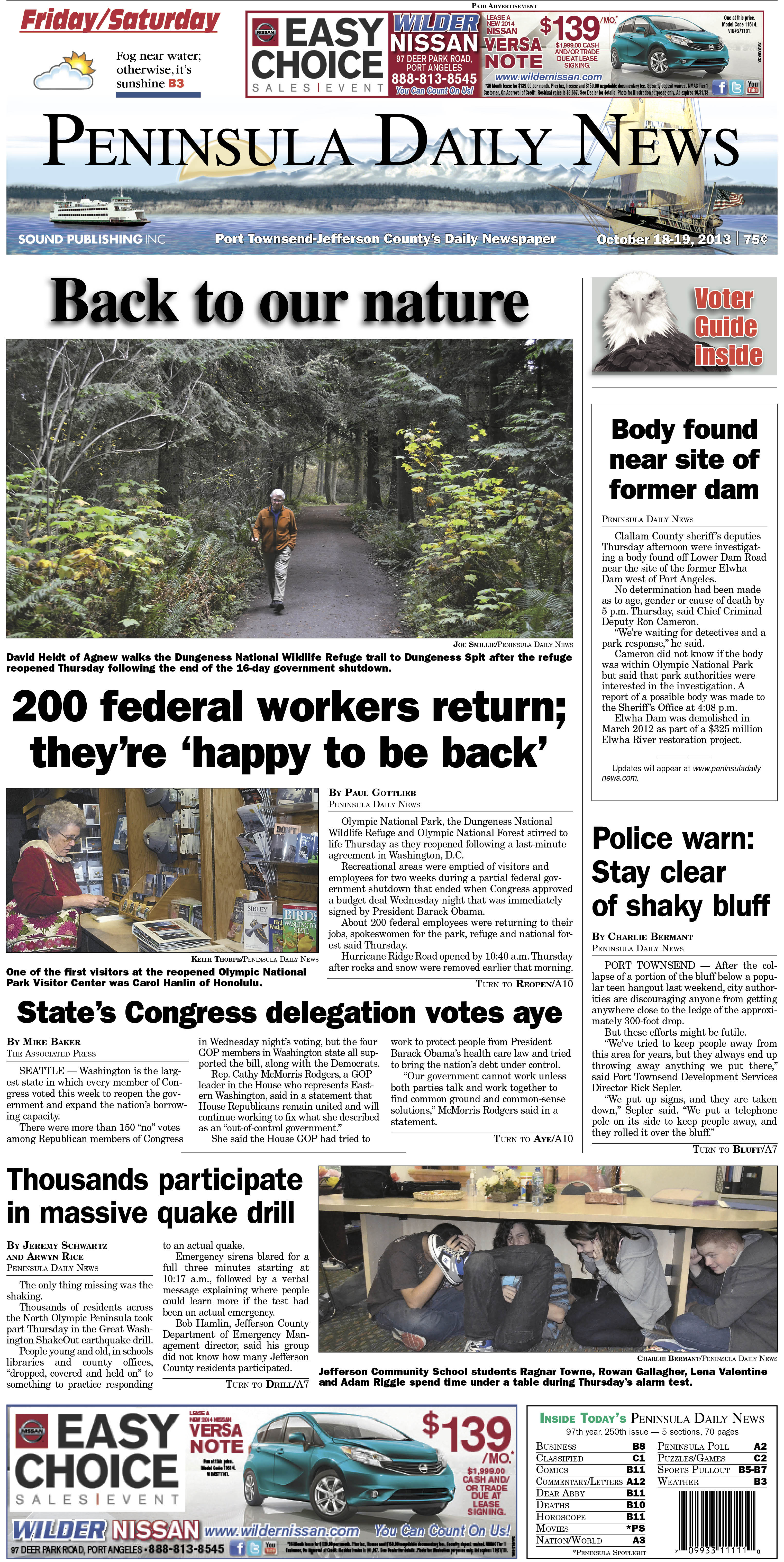 Today's Jefferson County front page. The PDN also has an edition tailored just for its Clallam County readers. (Click on image to enlarge)