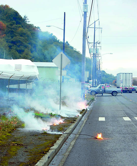 A downed electrical line sparks as police and firefighters arrive on Marine Drive across from the Boat Haven in Port Angeles. Russ Veenema