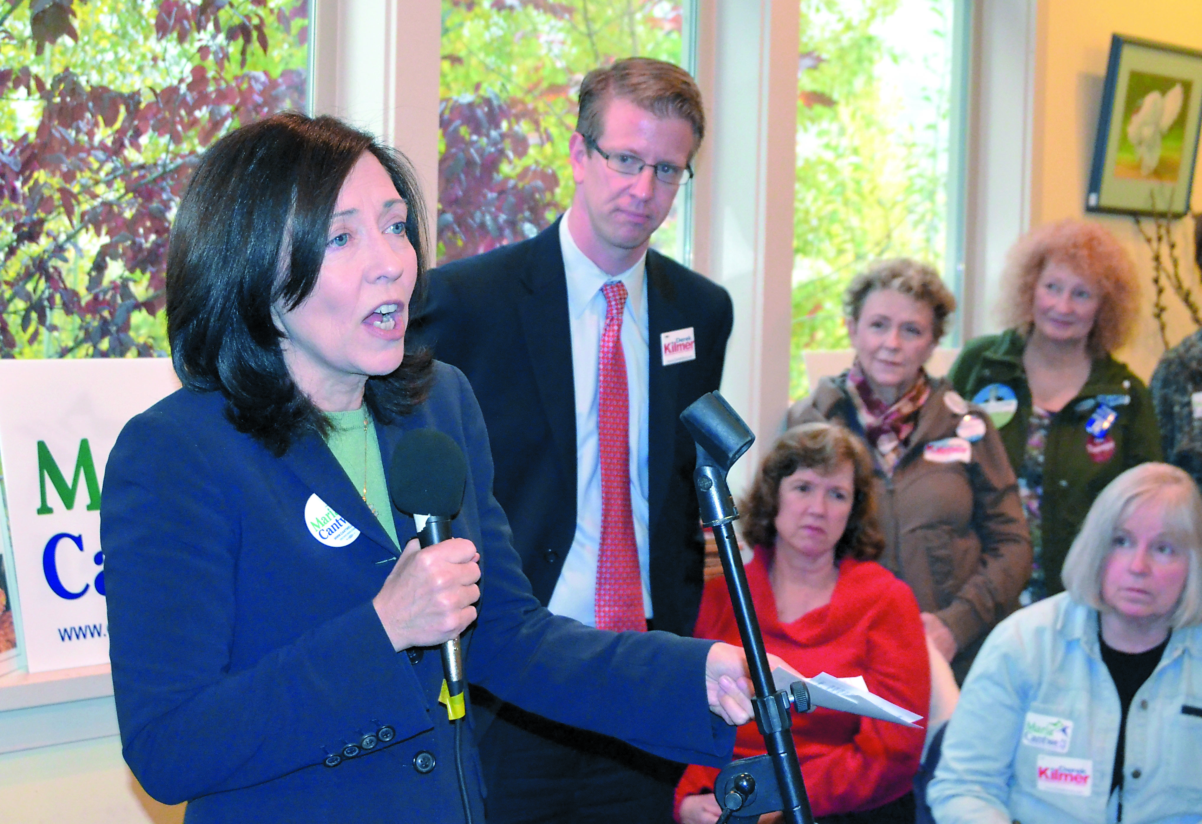 U.S. Sen. Maria Cantwell speaks at a campaign rally Tuesday as state Sen. Derek Kilmer