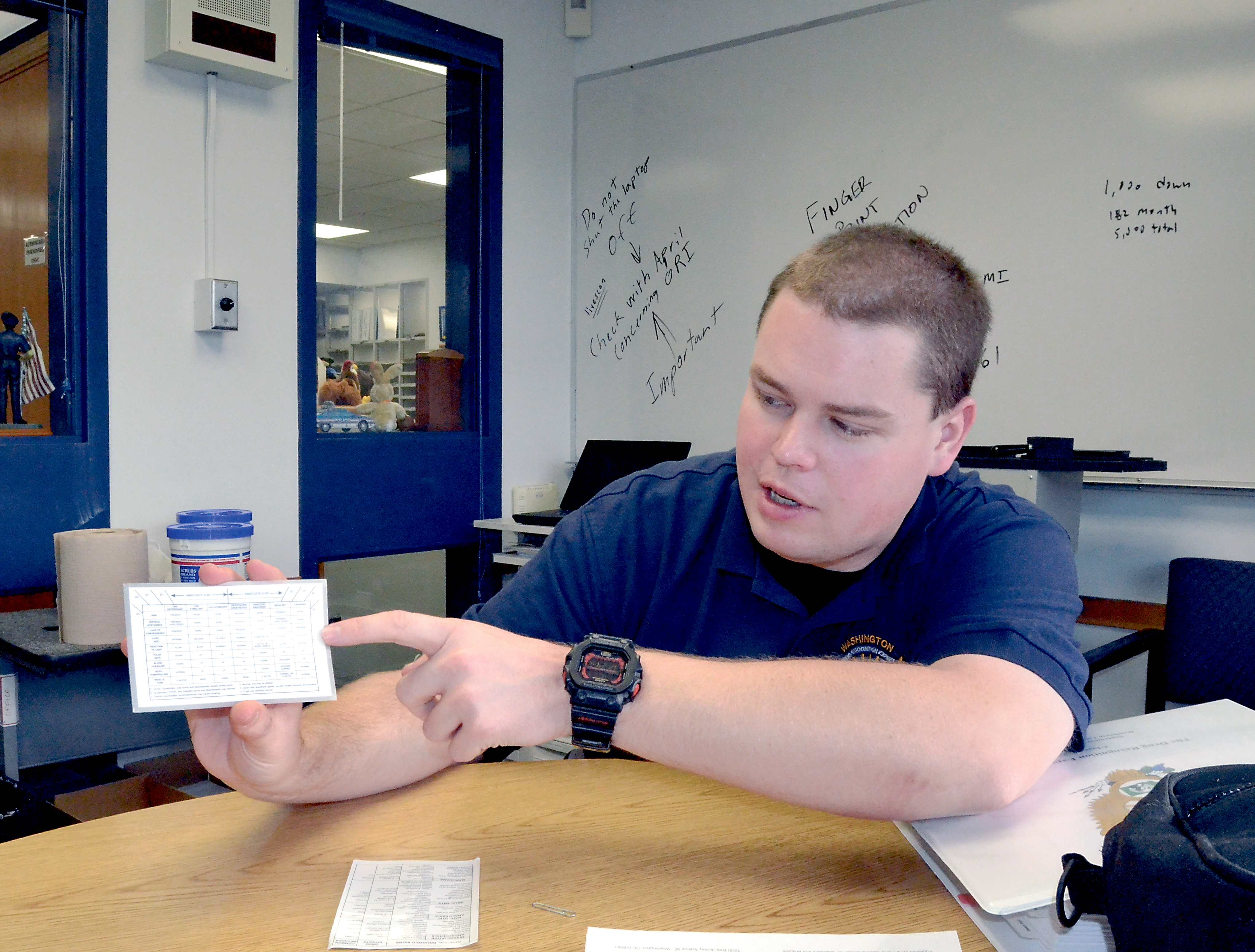 Port Townsend Police Officer Luke Bogues displays a card that matches behavior with drugs so officers can determine what may have been ingested by a driver who is pulled over for suspected DUI. Charlie Bermant/Peninsula Daily News