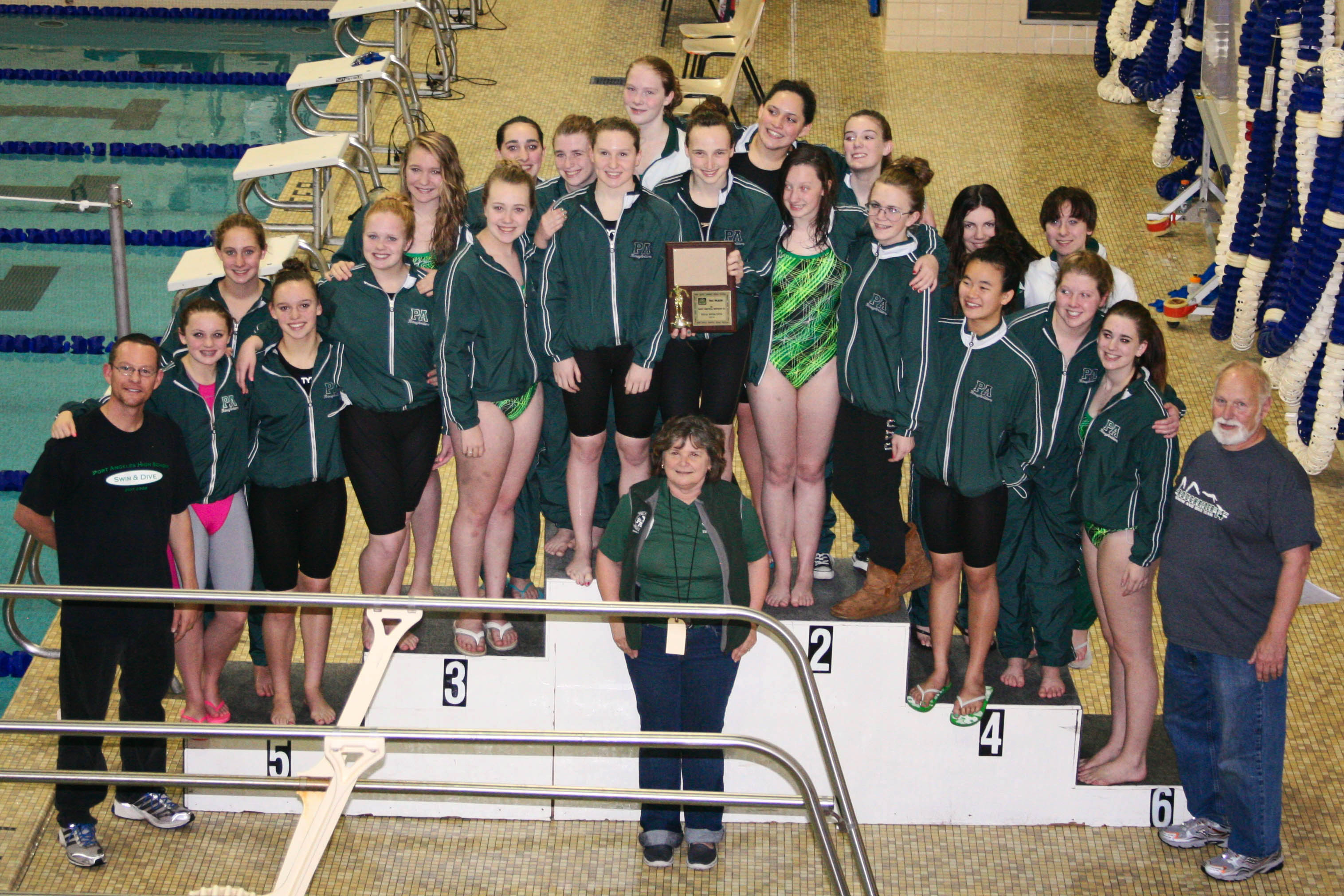 The Port Angeles High School girls swimming and dive team placed second at the district meet on Saturday at Hazen High School in Renton. The team is