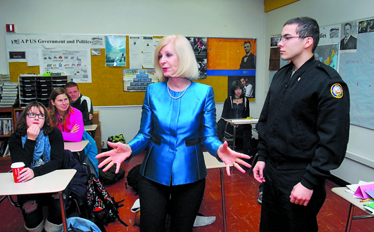 Port Angeles Mayor Cherie Kidd announces in a Port Angeles High School classroom that Harrison Day