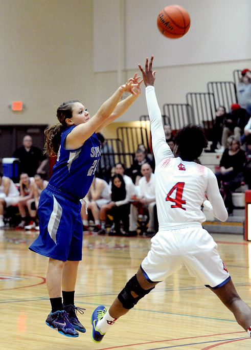 Former Port Angeles High School standout Krista Johnson puts up a shot against Lower Columbia last season. Johnson and fellow Port Angeles graduate Lenora Hofer are in their sophomore seasons at South Puget Sound