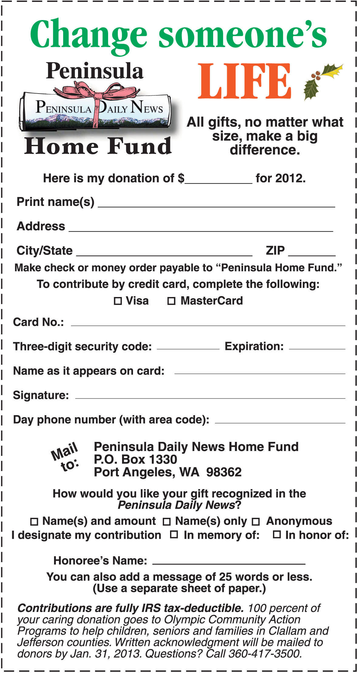 Close out 2012 on a high note! Donate to the Peninsula Home Fund