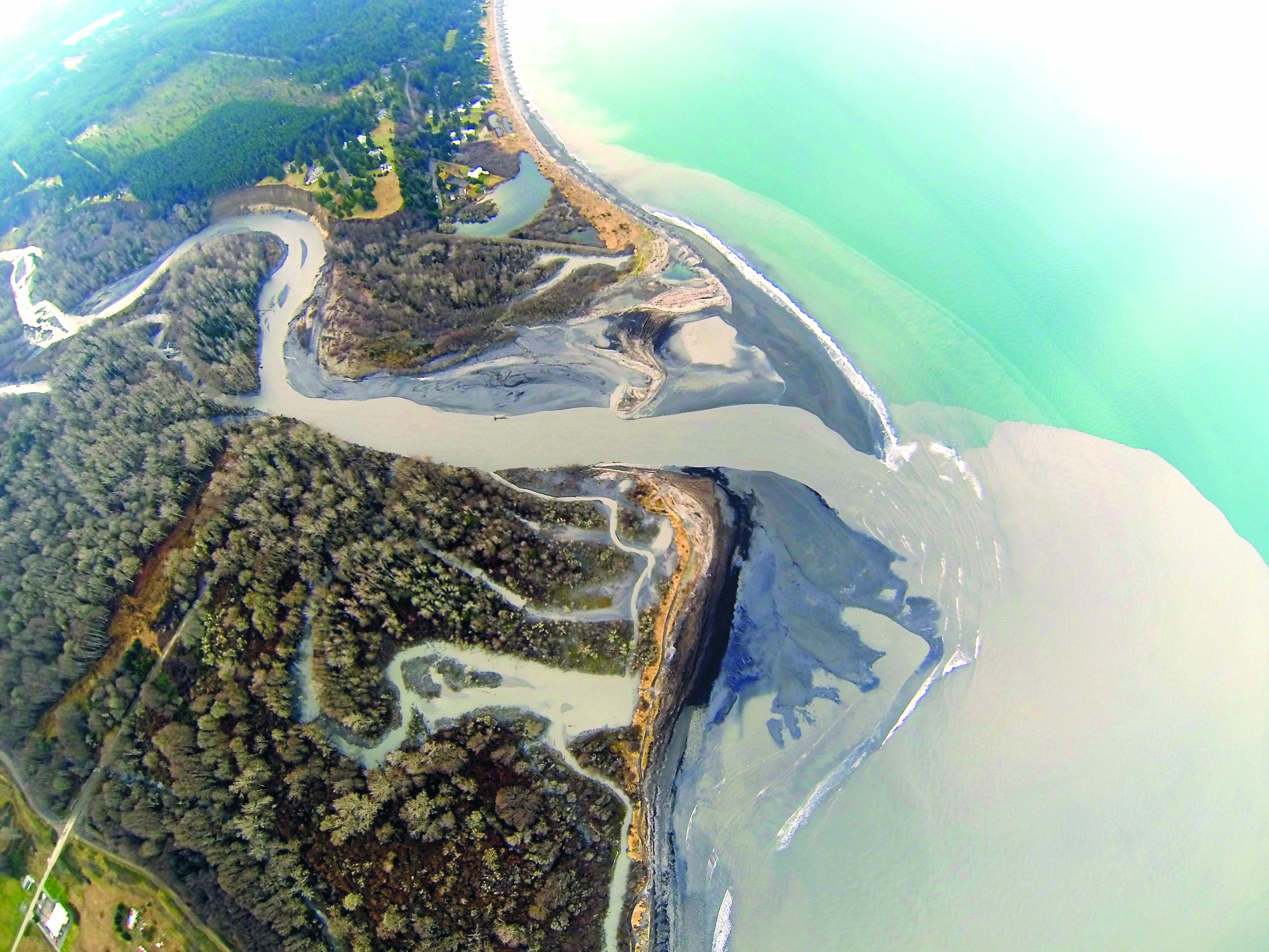 Silt delivered Wednesday from the Elwha River into the Strait of Juan de Fuca continues to contribute to beaches growing from the mouth of the freed river.  -- Photo by Tom Roorda