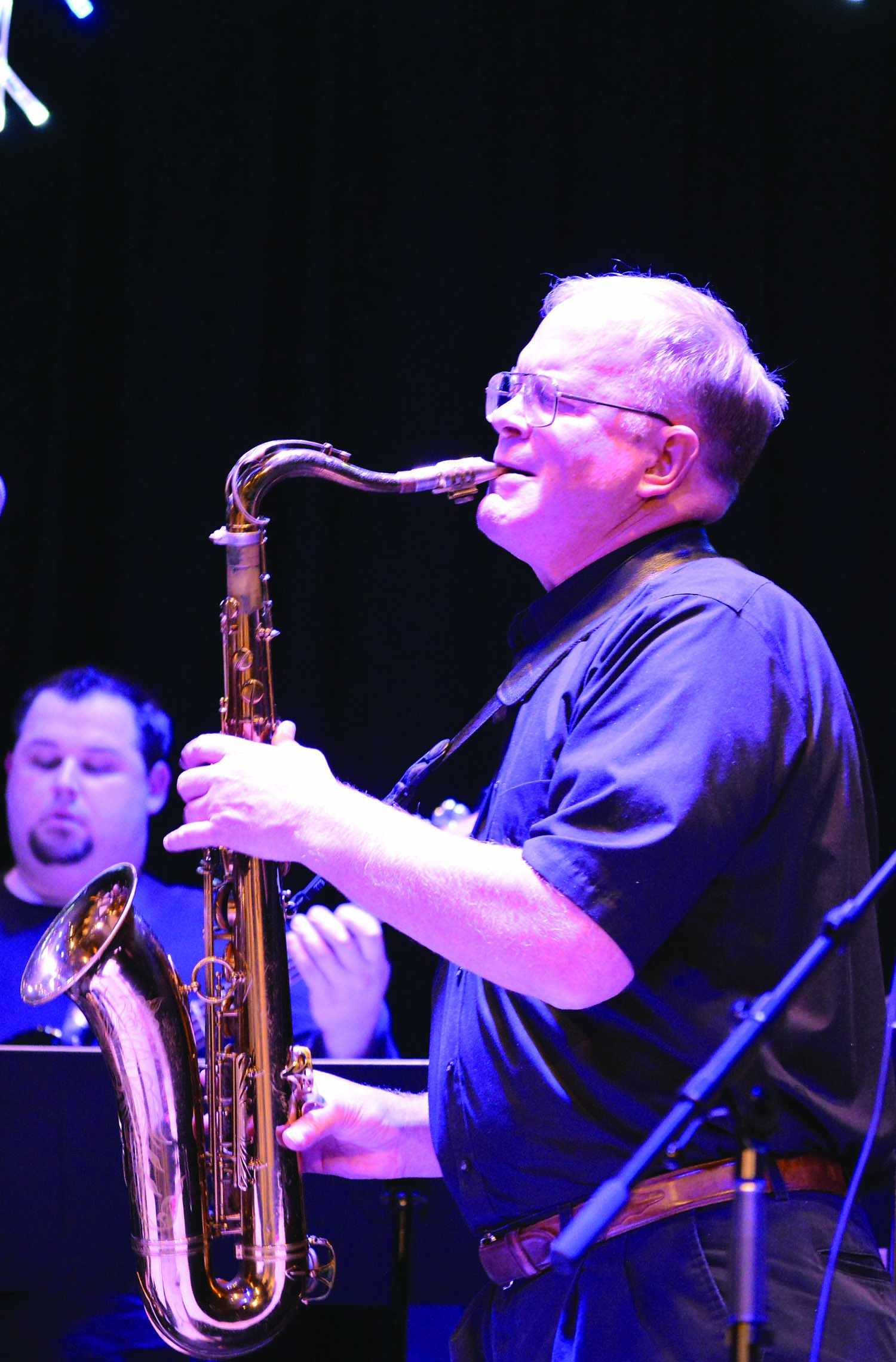 Kevin MacCartney of Port Angeles is one of the 10 horn players in the Peninsula College Jazz Ensemble. — Diane Urbani de la Paz/Peninsula Daily News