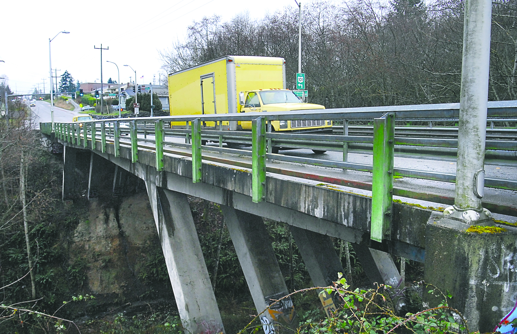 A truck makes its way across the Lauridsen Boulevard bridge over Peabody Creek in Port Angeles on Wednesday as city officials consider replacement of the structure. Keith Thorpe/Peninsula Daily News