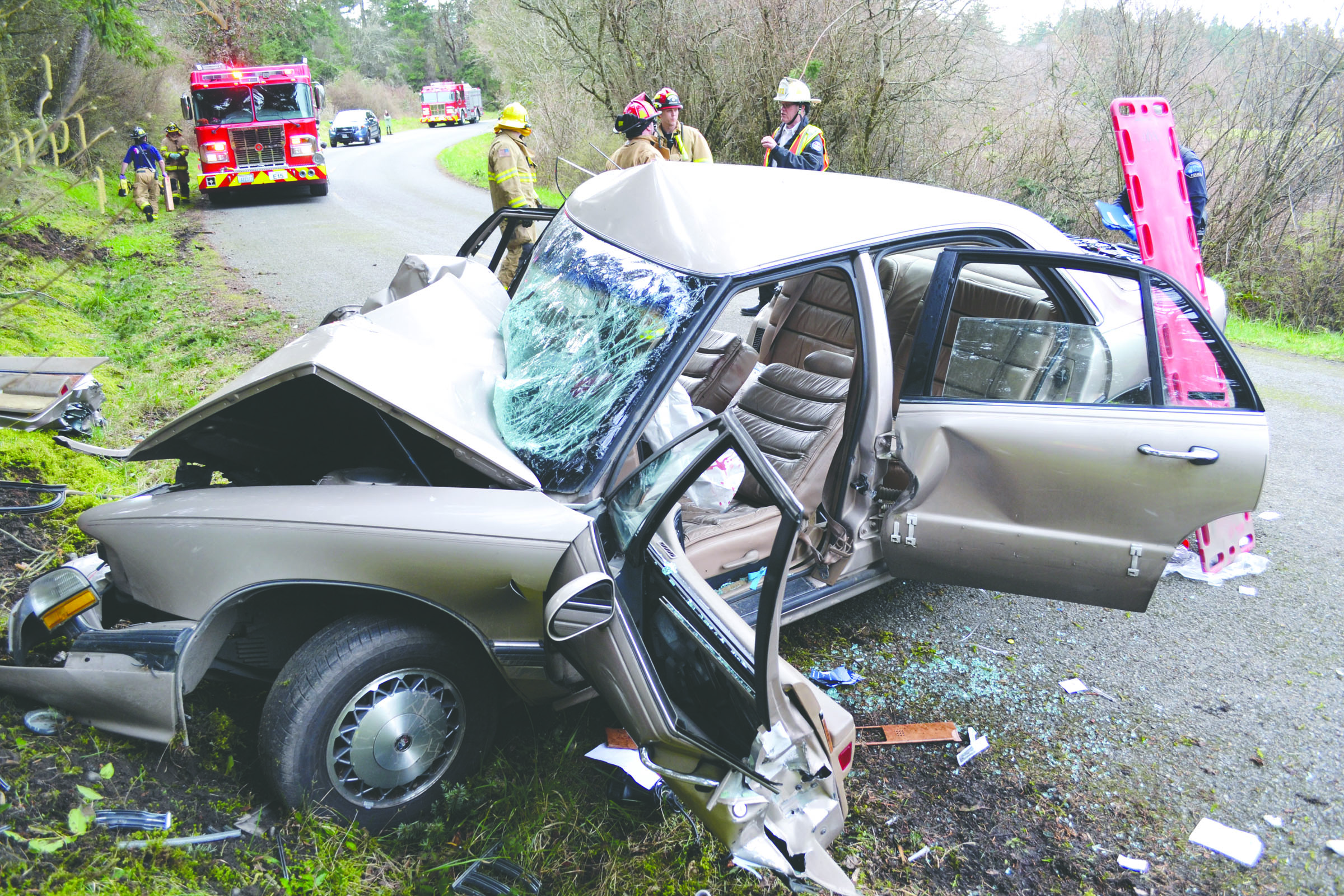 A recent single-car wreck in Port Townsend sent three people to Harborview Medical Center in Seattle. — Bill Beezley/East Jefferson Fire-Rescue