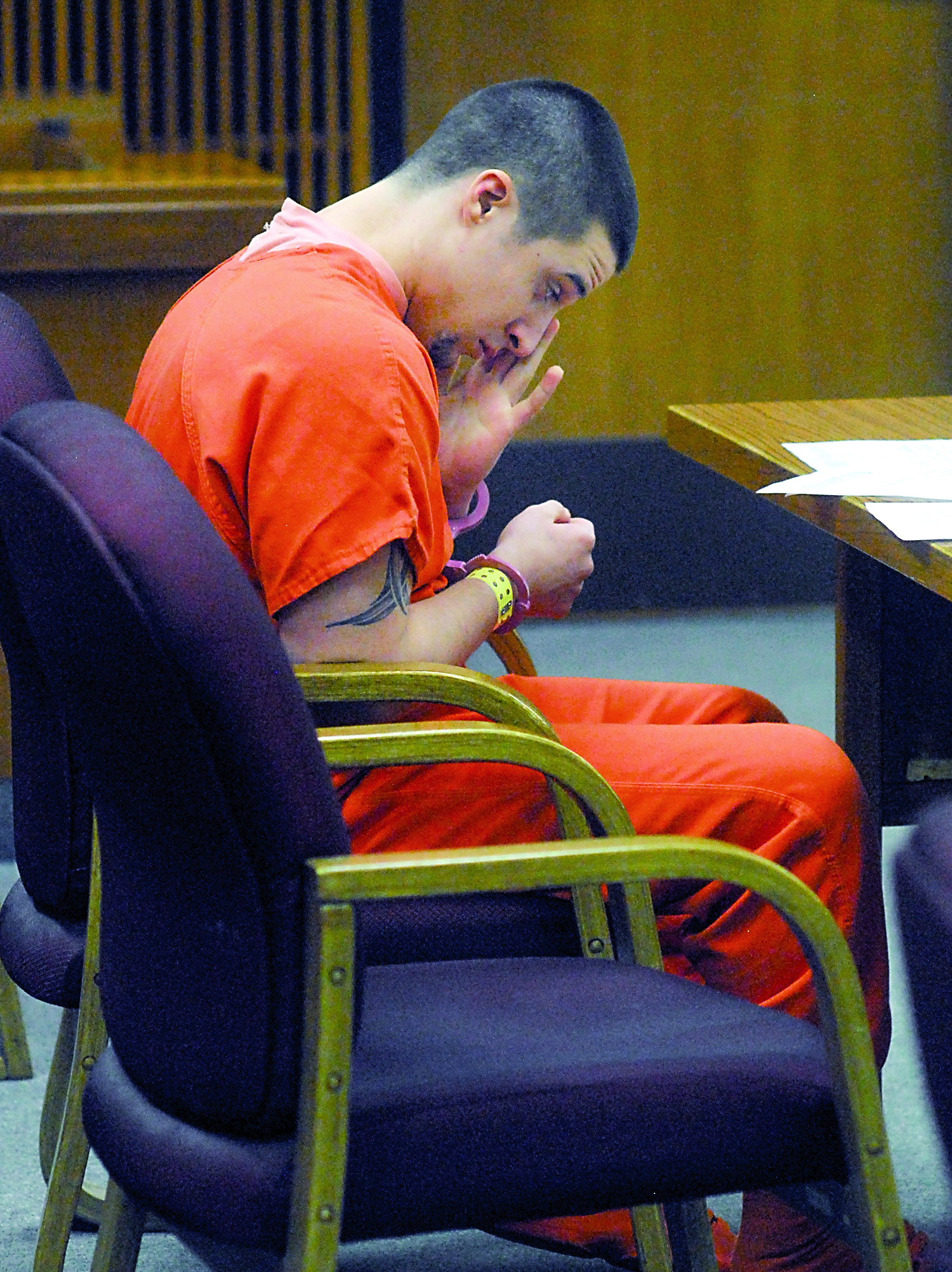 David Zavodny wipes his eyes during his sentencing for two counts of delivery of a controlled substance on Thursday in Clallam County Superior Court in Port Angeles.  —Photo by Keith Thorpe/Peninsula Daily News