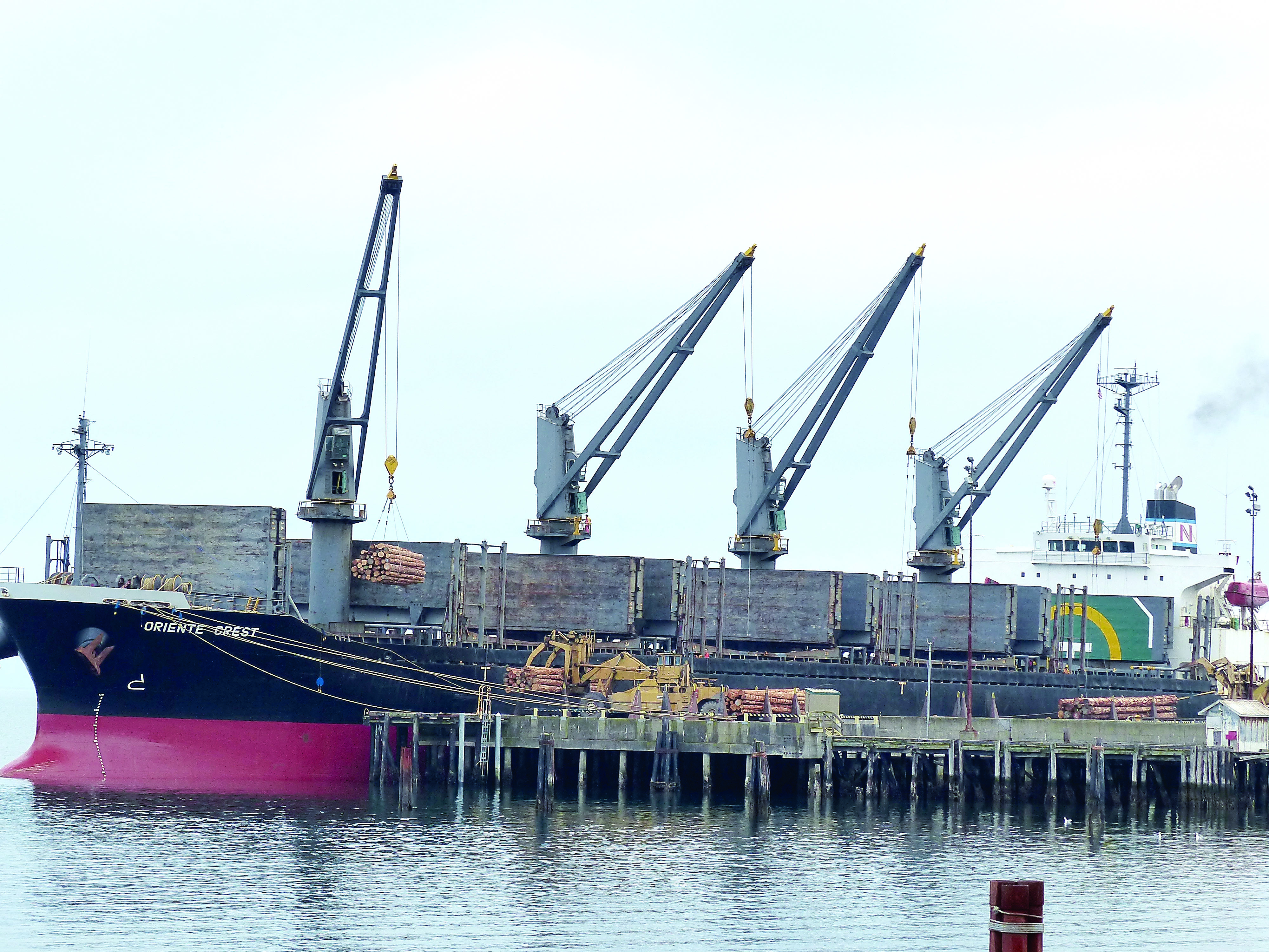 The Oriente Crest is moored to Port of Port Angeles Terminal 3 to take on 4.5 million board feet of logs. —Photo by David G. Sellars/for Peninsula Daily News