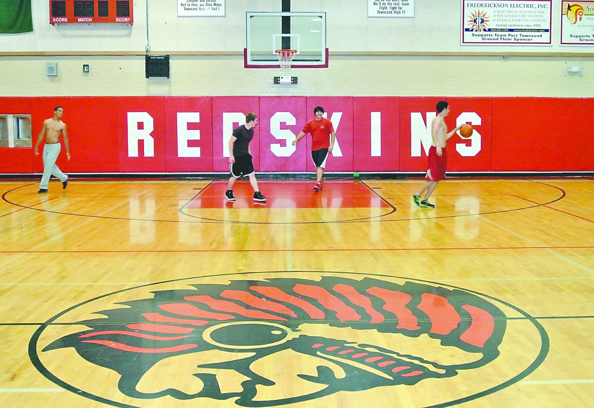 The Port Townsend High School Redskins mascot is shown on the floor of the school's gym. — Charlie Bermant/Peninsula Daily News