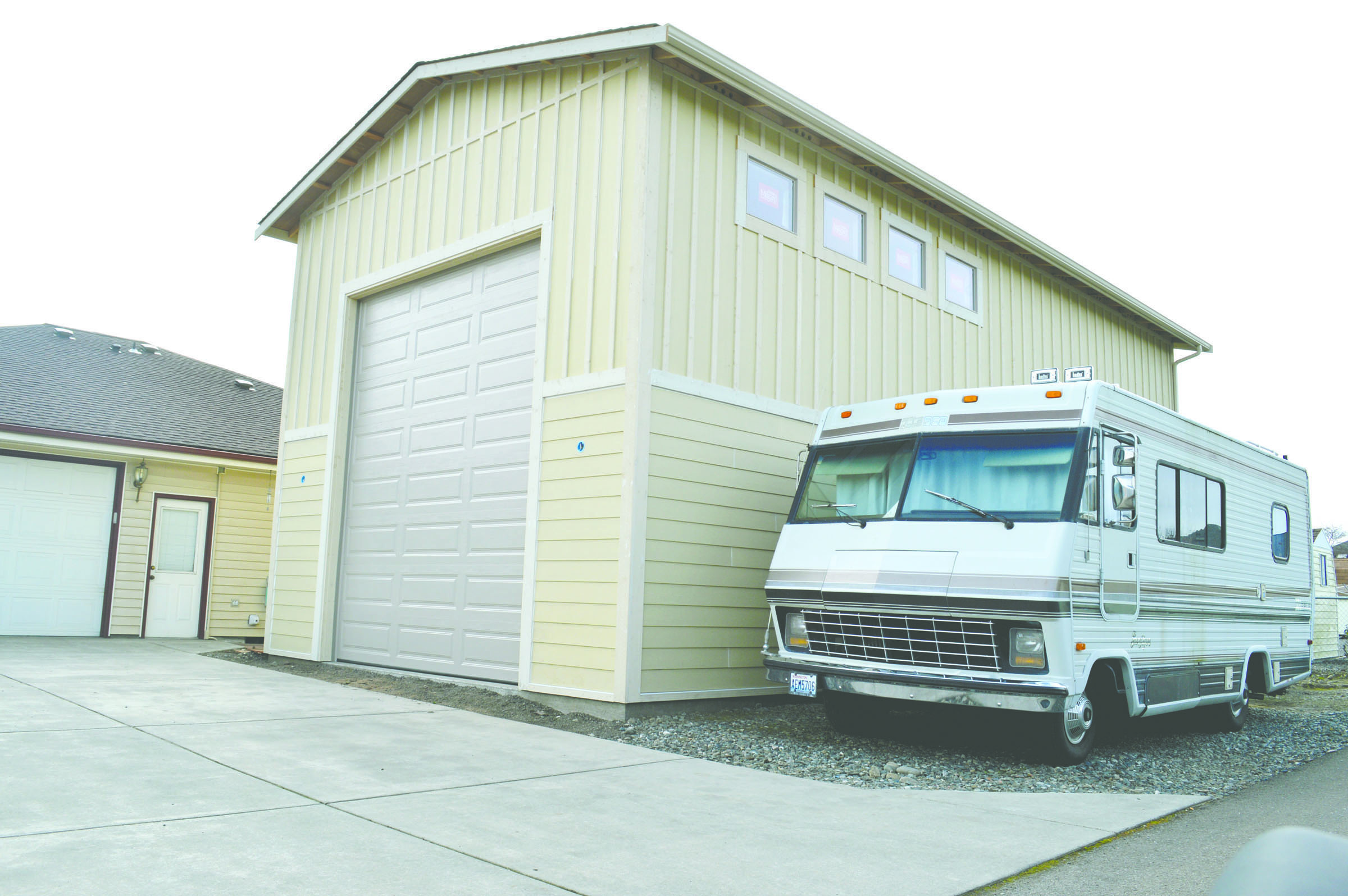 Ken and Kathleen Burrer’s new large garage of Fir Street in Sequim has prompted city leaders to look at the need for new regulations on accessory structures.   -- Photo by Joe Smillie/Peninsula Daily News