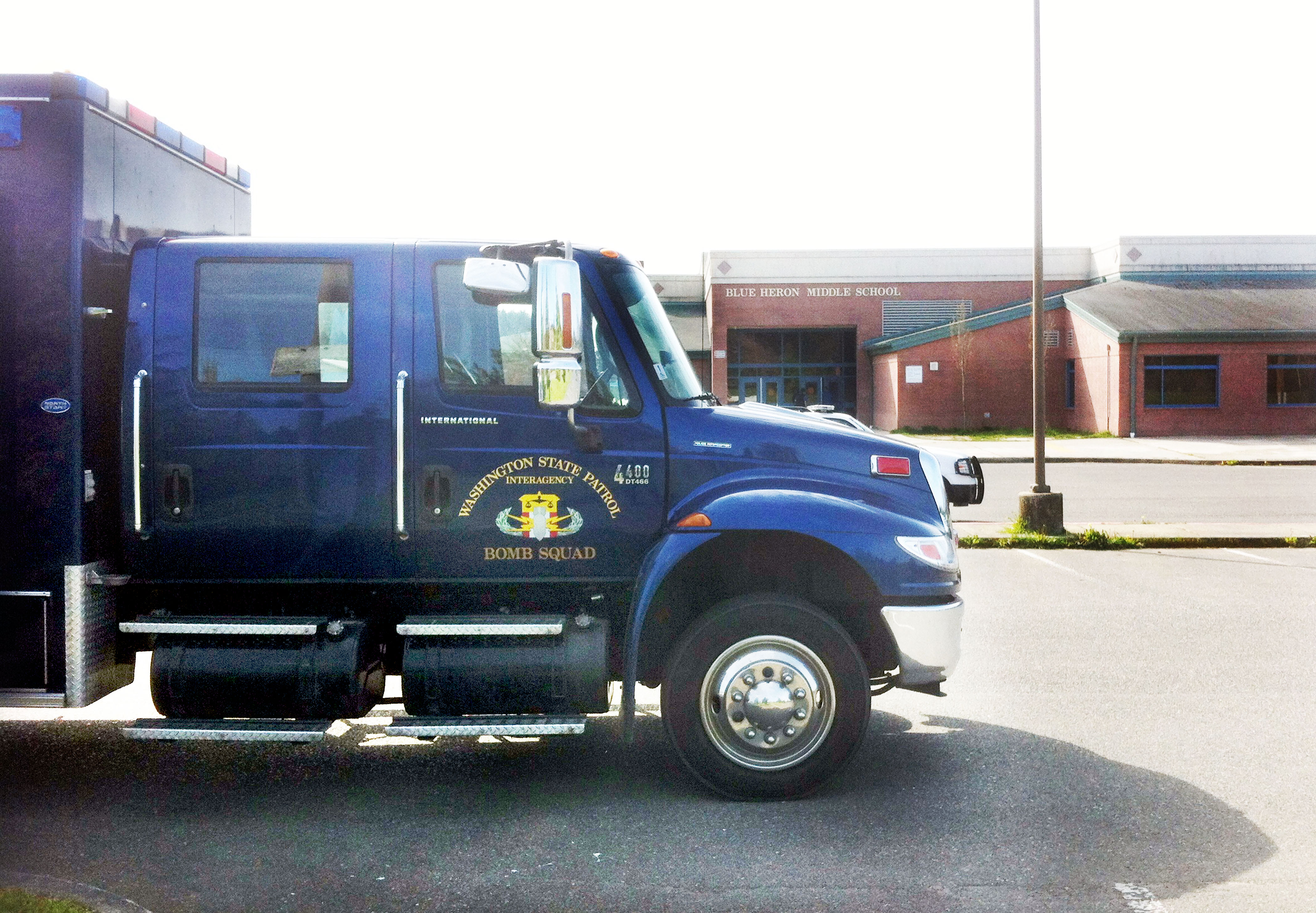 A State Patrol bomb disposal unit vehicle in front of Blue Heron Middle School following this week's bomb scare. — East Jefferson Fire-Rescue