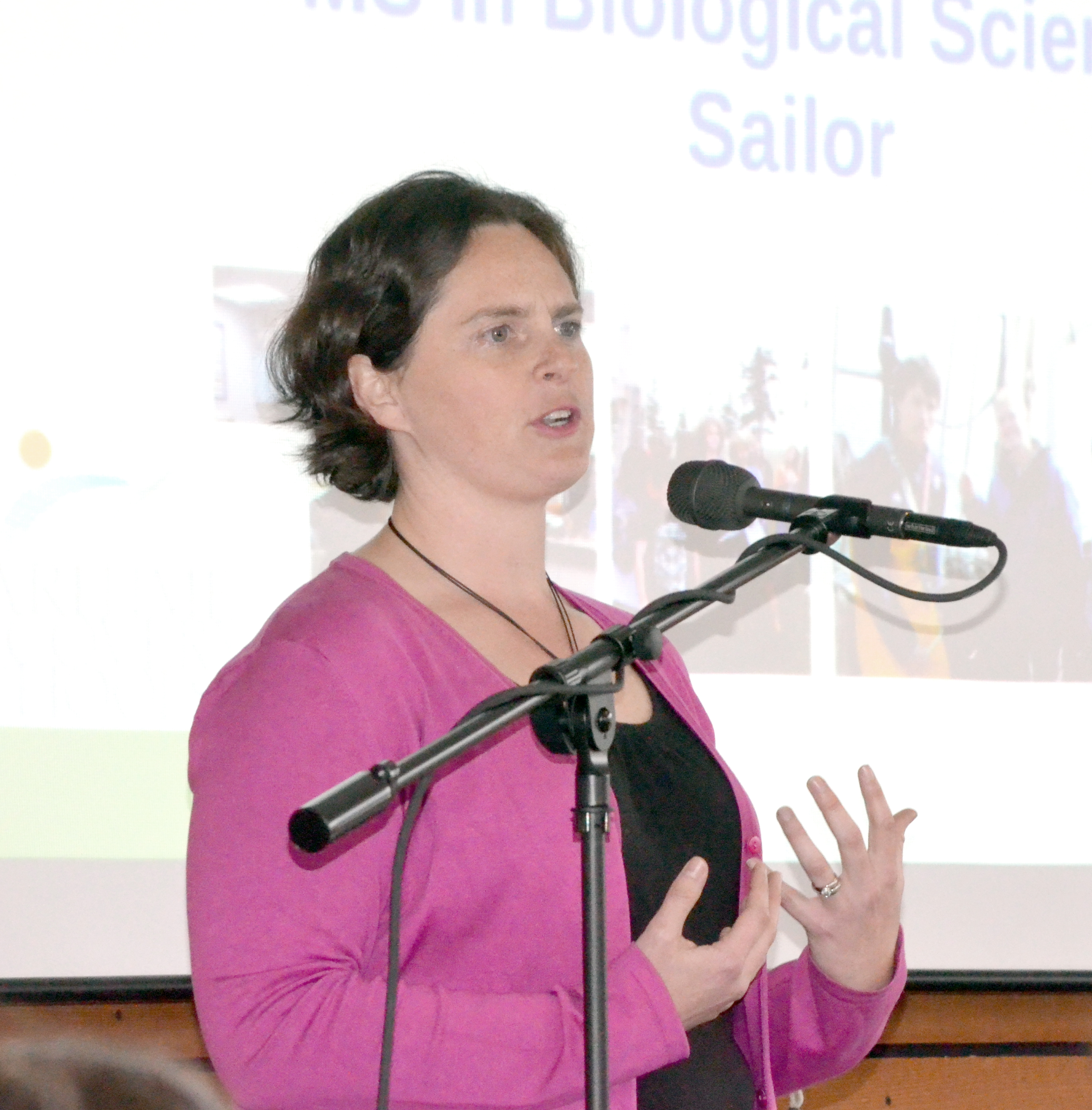 Sarah Rubenstein gives a presentation about the Maritime Discovery Initiative in a public forum. Charlie Bermant/Peninsula Daily News