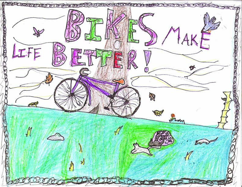 The winner of the Washington state bike poster contest and drawn by Ruby Harris of Dry Creek Elementary School in Port Angeles. Fifth Grade National Poster Contest