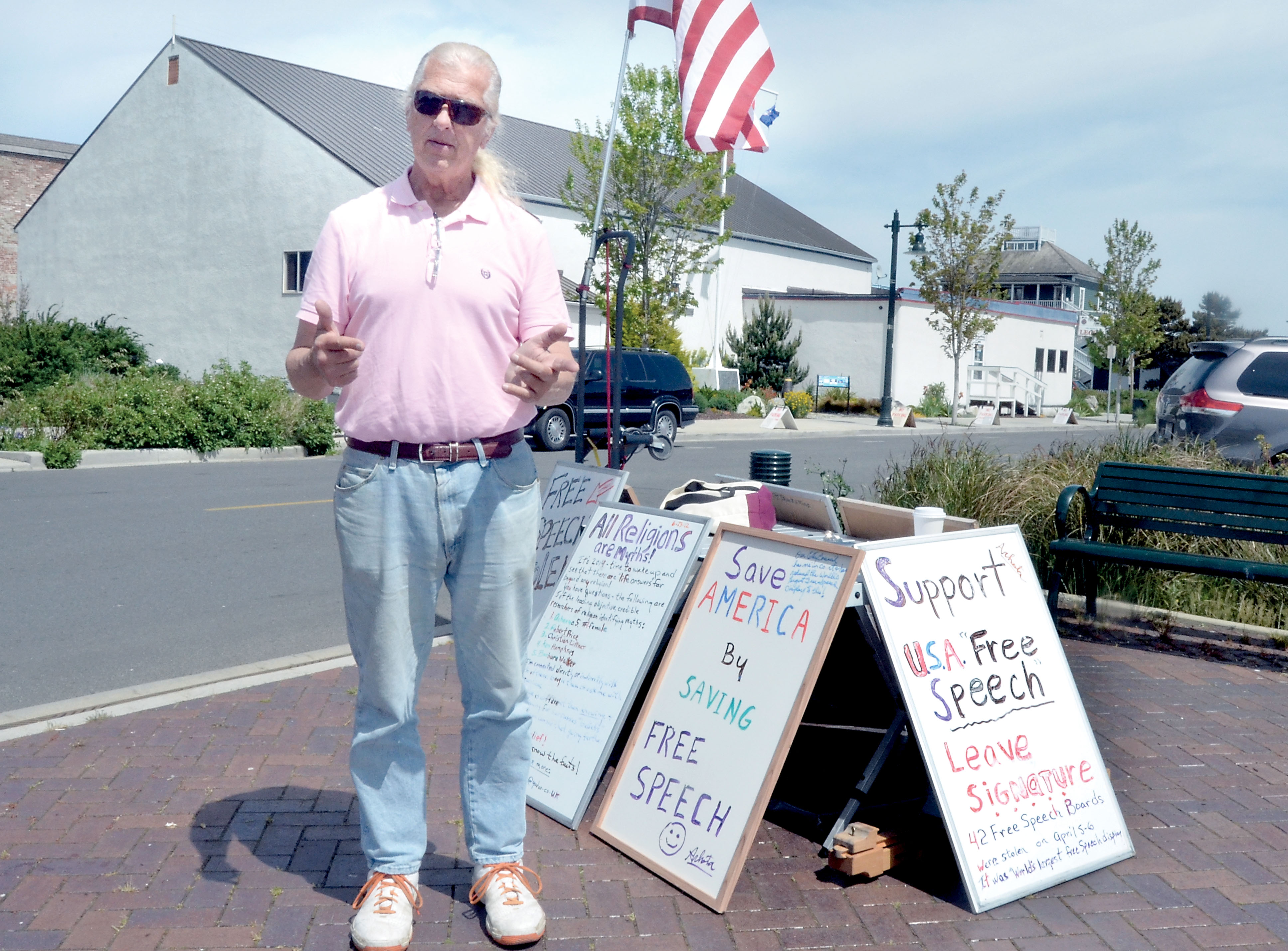 Free-speech advocate Richard Olson was back in his spot in Pope Marine Park on Thursday after an absence of 21/2 weeks. He is due to appear in Jefferson County District Court on May 28 to face code-violation charges. — Charlie Bermant/Peninsula Daily News