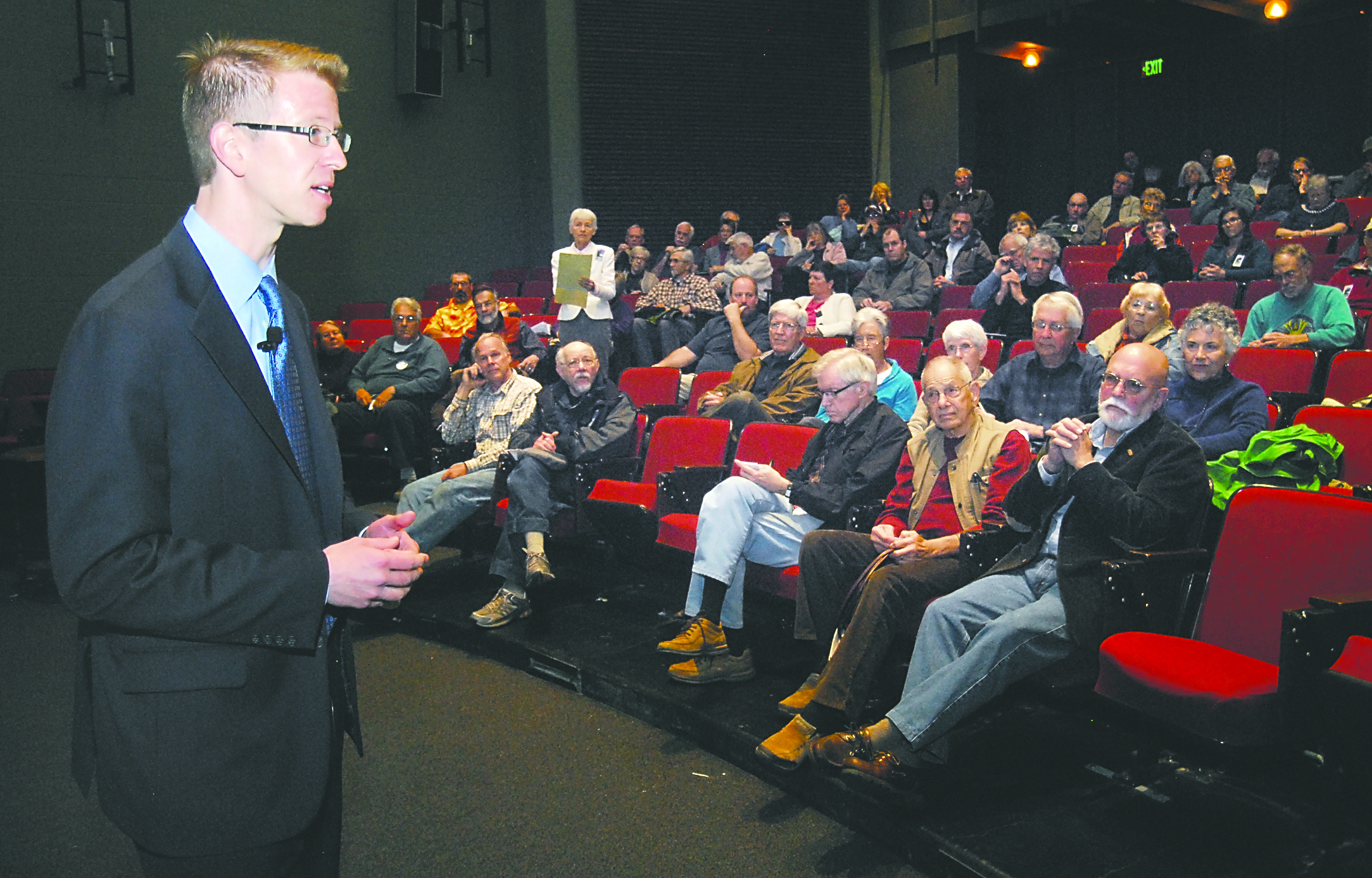 U.S. Rep. Derek Kilmer conducts his first in a series of town hall-style meetings across the 6th Congressional District in the Little Theater of Peninsula College in Port Angeles on Tuesday. His second and similar meeting was in Port Townsend leading into the evening.  -- Keith Thorpe/Peninsula Daily News