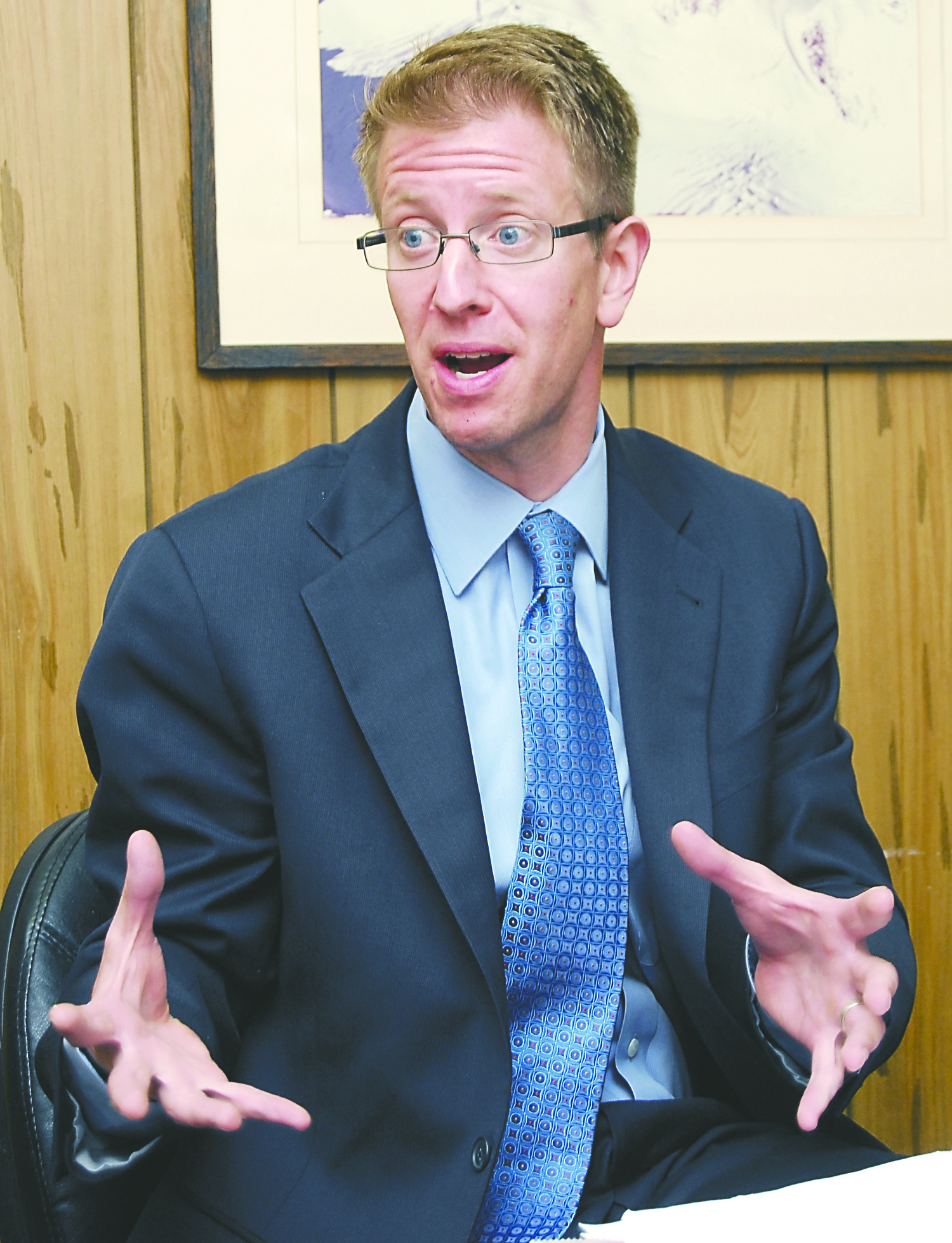 Rep. Derek Kilmer meets with editors and a reporter of the Peninsula Daily News.  -- Photo by Keith Thorpe/Peninsula Daily News