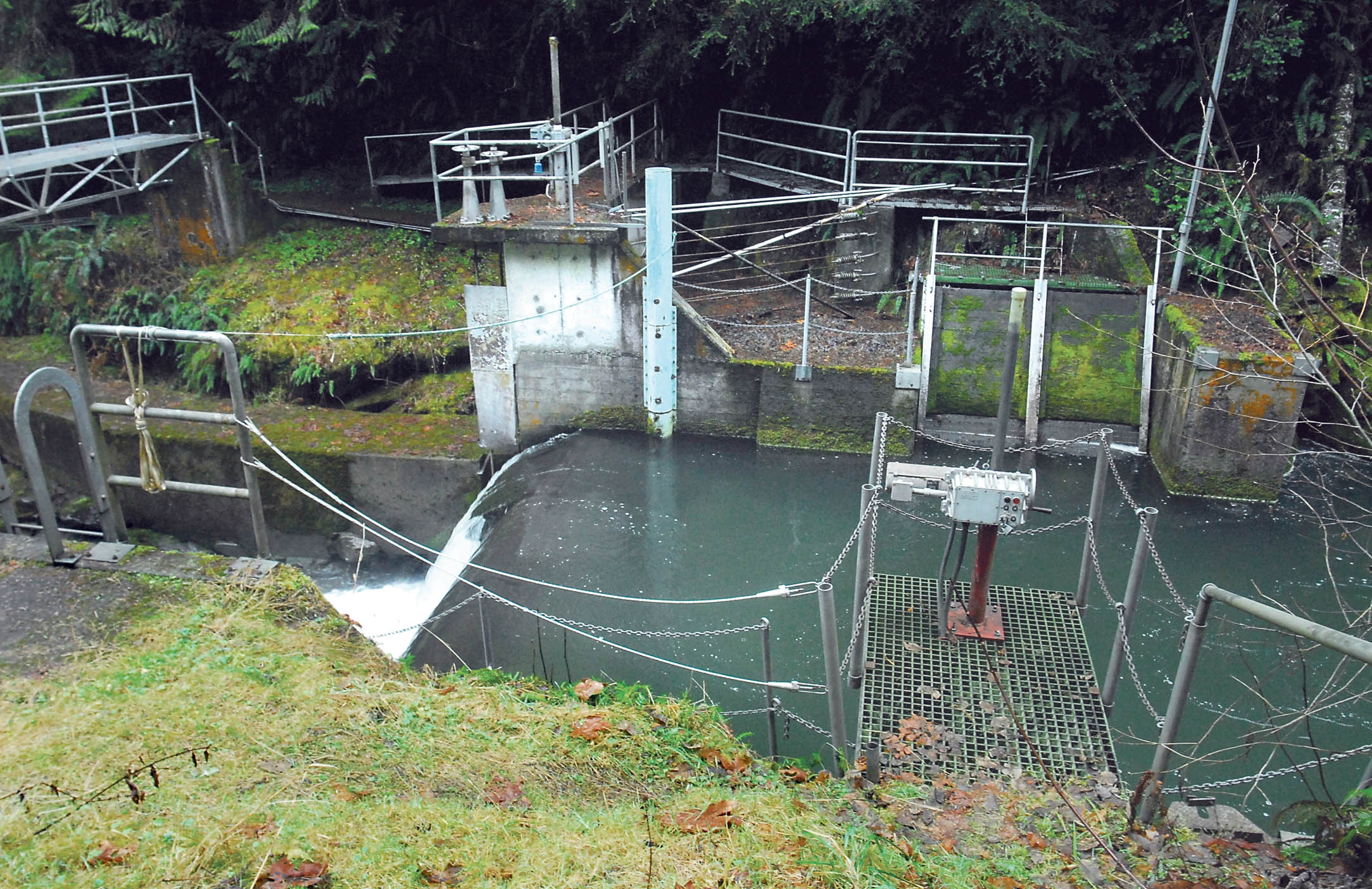 Water flows over a small dam near the water intake of a shuttered hydroelectric facility on Morse Creek southeast of Port Angeles in January.