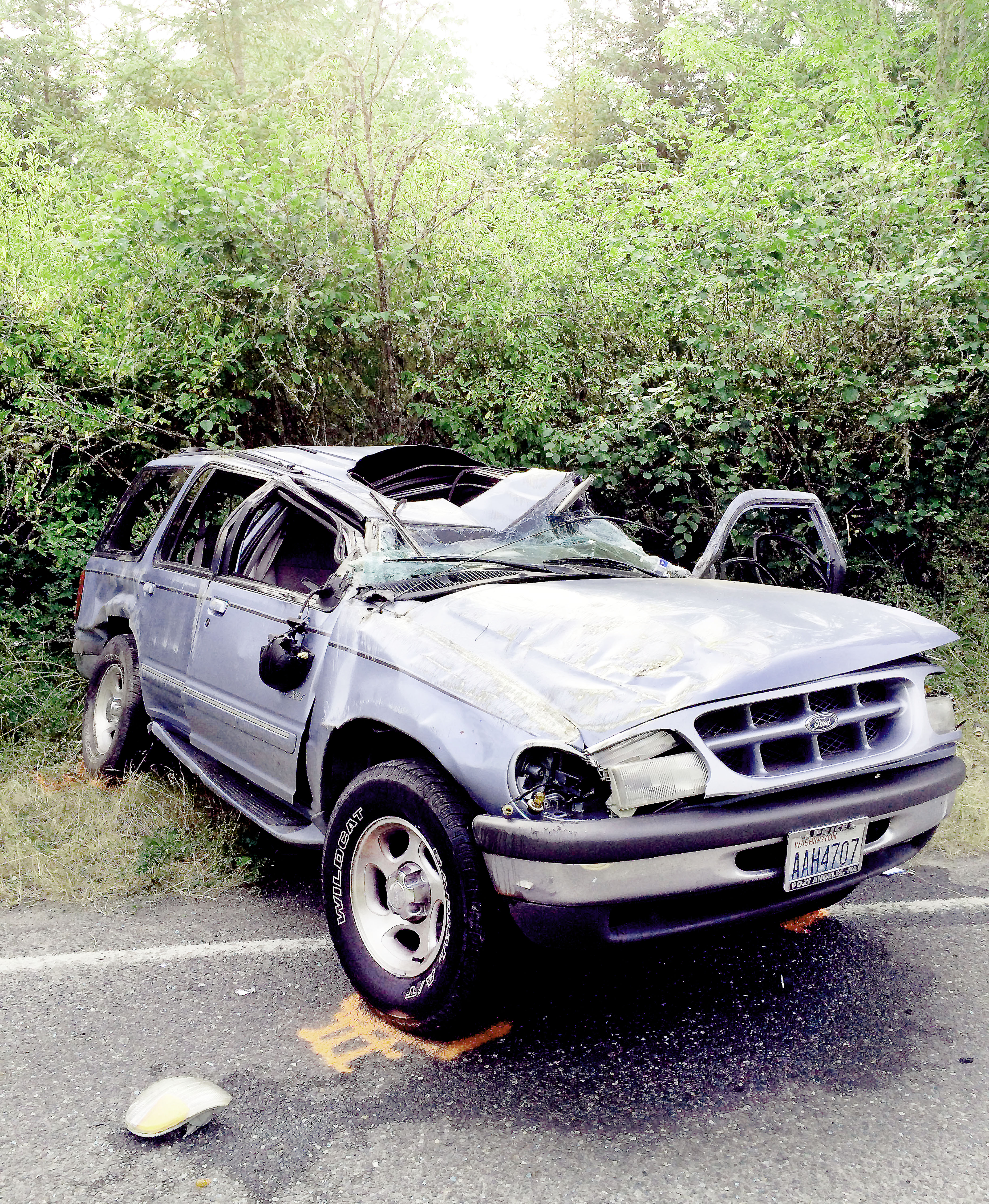 The 1998 Ford Explorer after it overturned several times on River Road southwest of Sequim. —Clallam County Sheriff’s Office photo