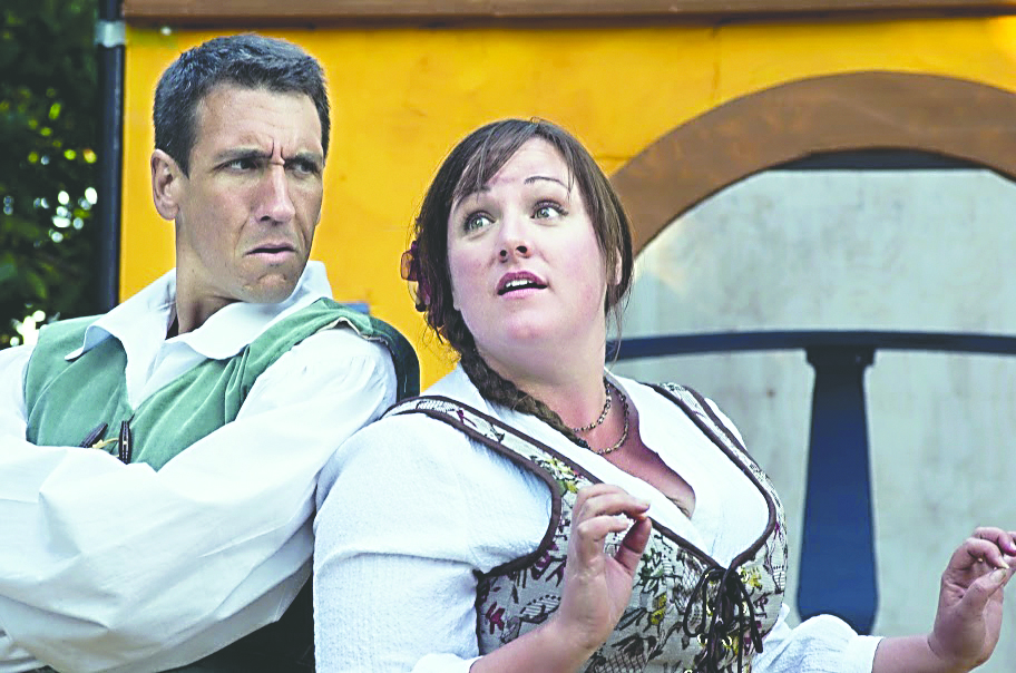 Benedick (Jeff Allen Pierce) and Beatrice (Amy Sousa) do battle in “Much Ado about Nothing