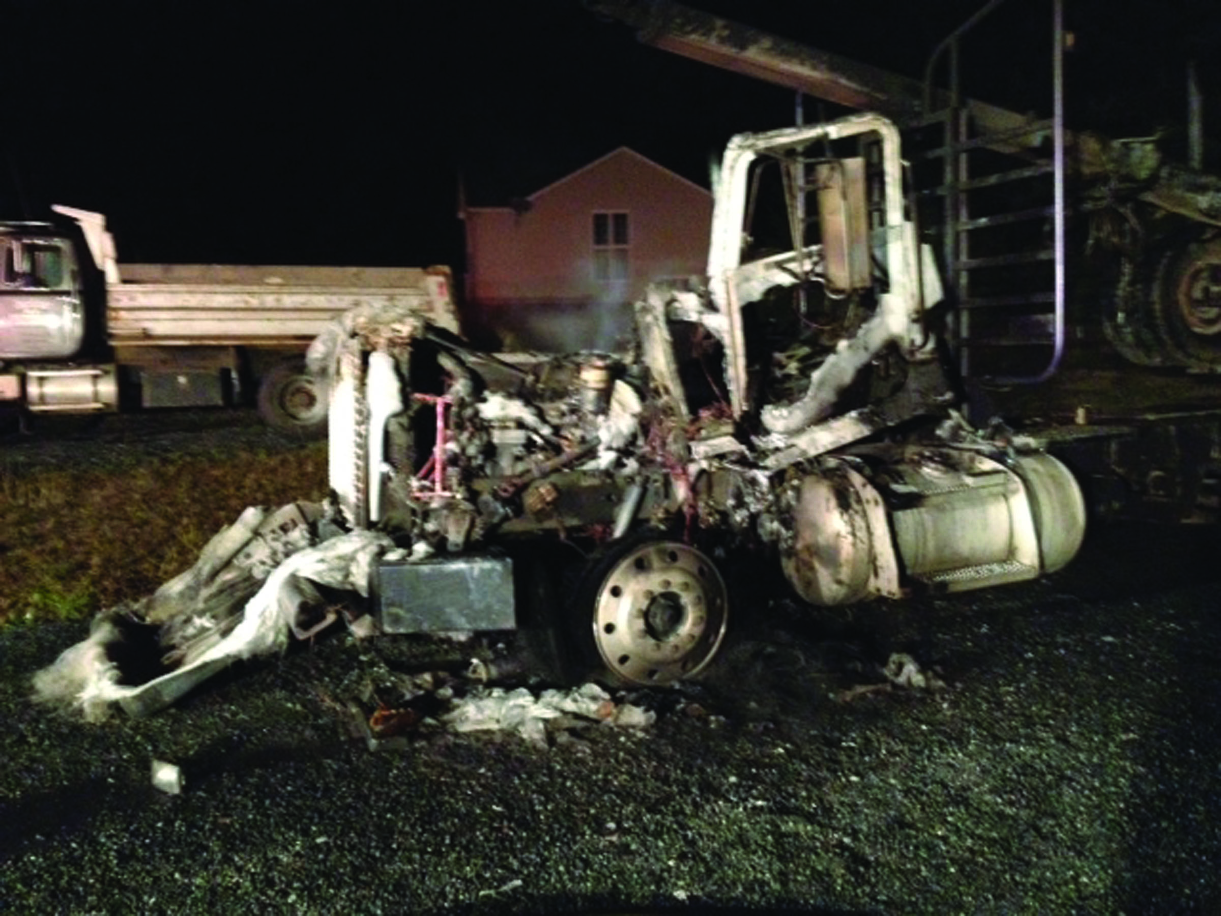 This logging truck was destroyed by fire shortly after midnight Monday in Port Angeles. — Clallam County Fire District No. 2