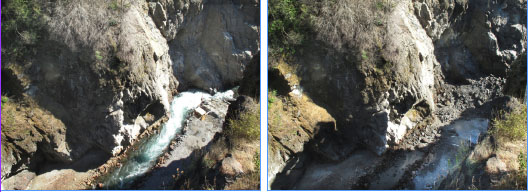 National Park Service webcam photos of Glines Canyon taken approximately 45 minutes apart Tuesday afternoon show the Glines Canyon Dam stub