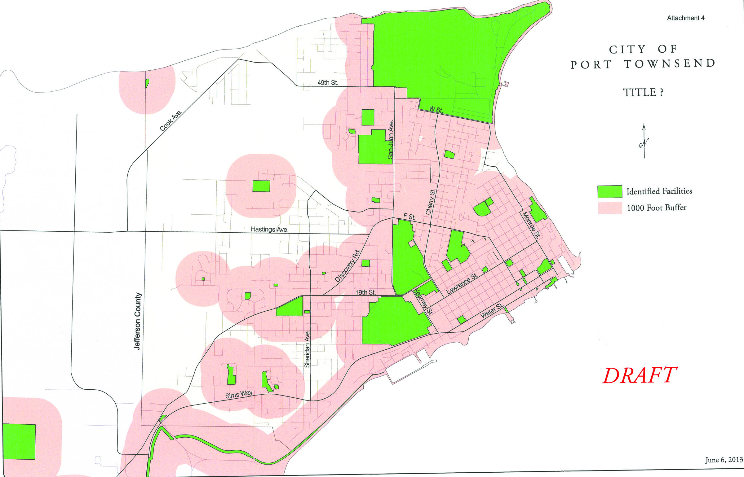 Port Townsend city map proposing marijuana retail buffer zones inside the city limit.