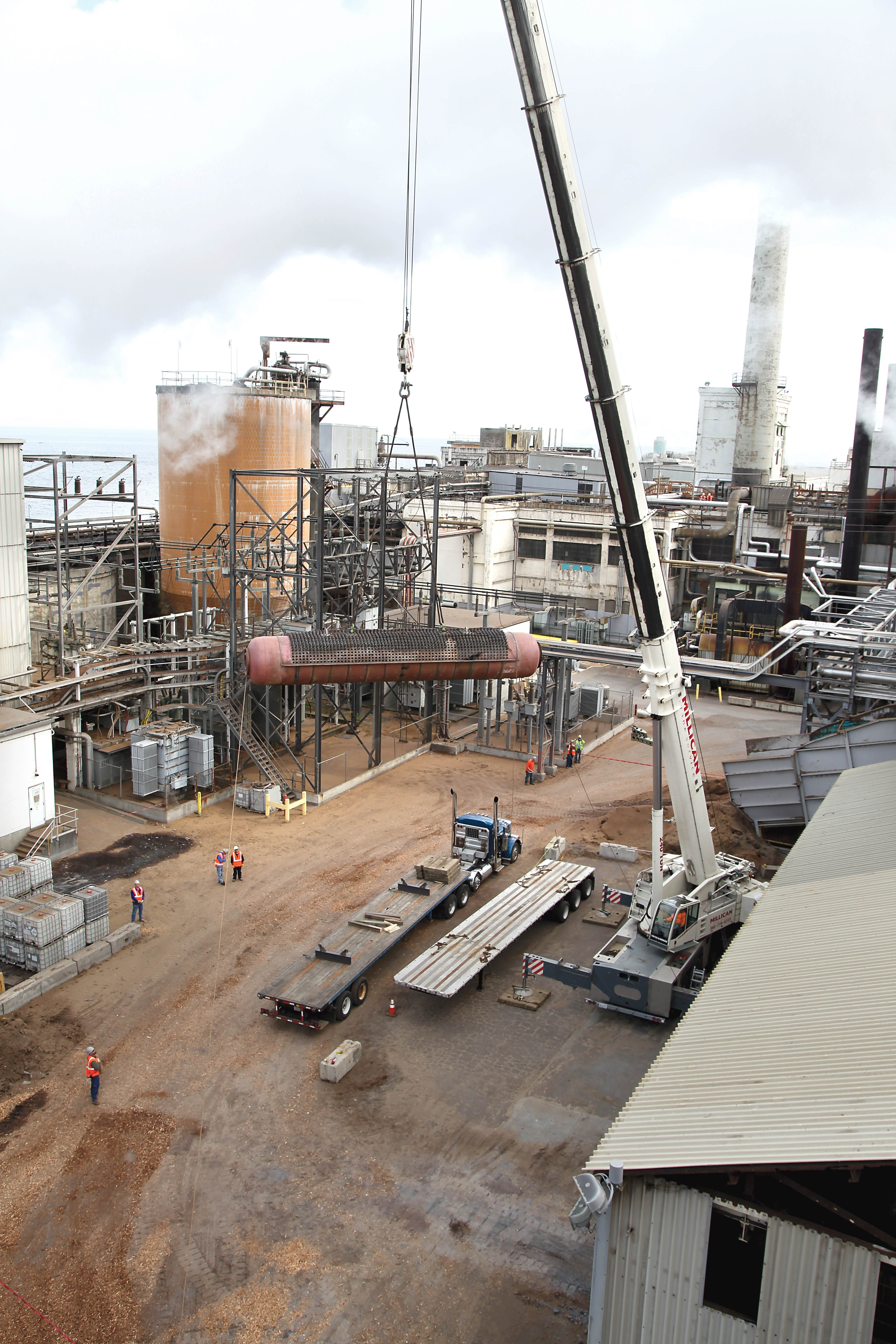 A faulty boiler that delayed Nippon Paper Industries’ $85 million biomass cogeneration plant operations is carried by a crane earlier this year. — Nippon Paper Industries USA photo